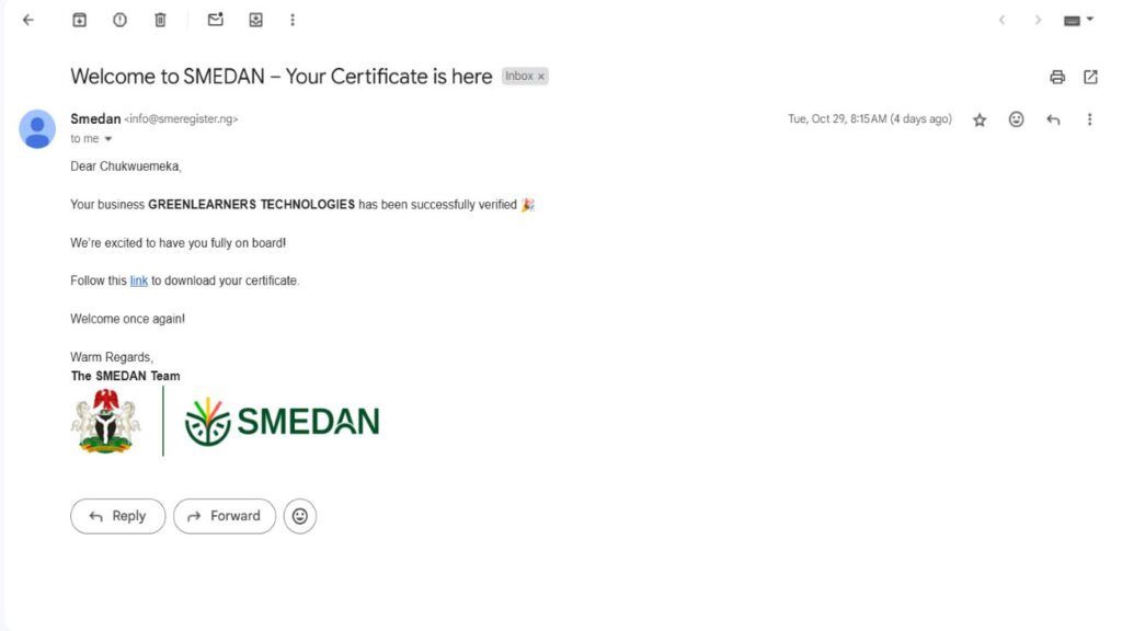 SMEDAN Registration Certificate Portal Email