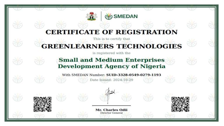 SMEDAN Certificate For Greenlearners Technologies