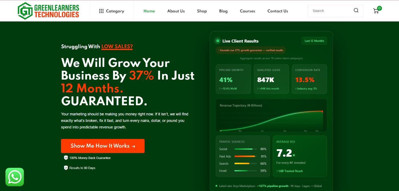 Greenlearners Technologies homepage, the best digital marketing agency in Nigeria