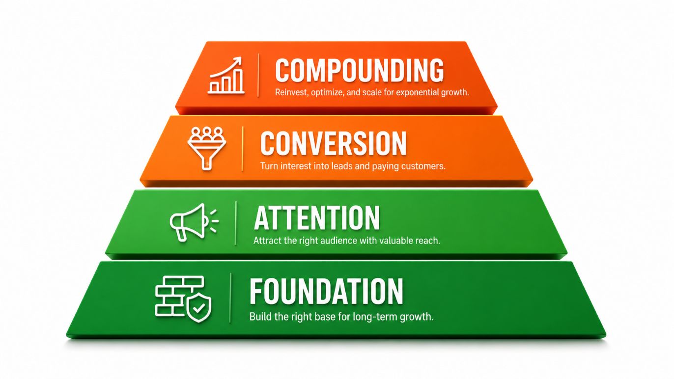 The Greenlearners Growth Stack marketing framework showing four layers