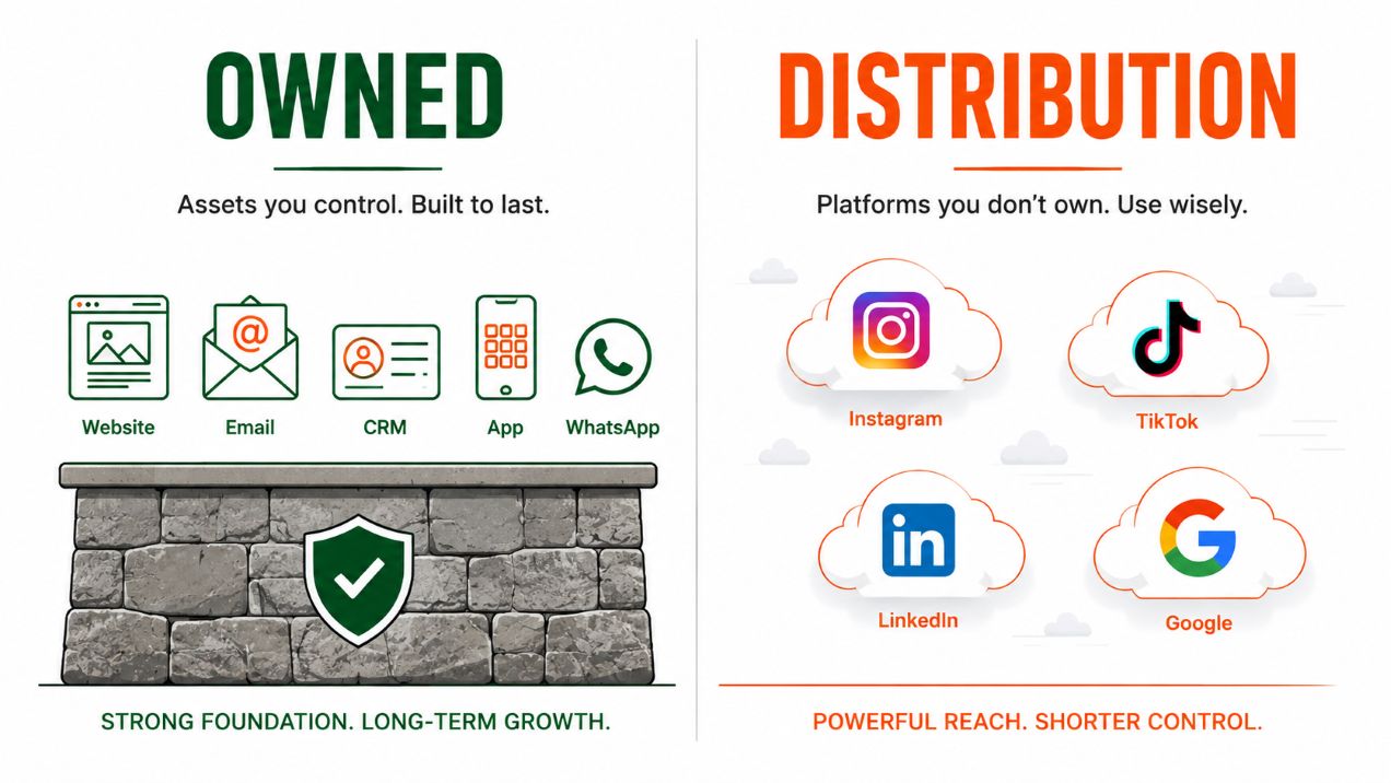 Owned digital marketing assets versus rented distribution and discovery platforms