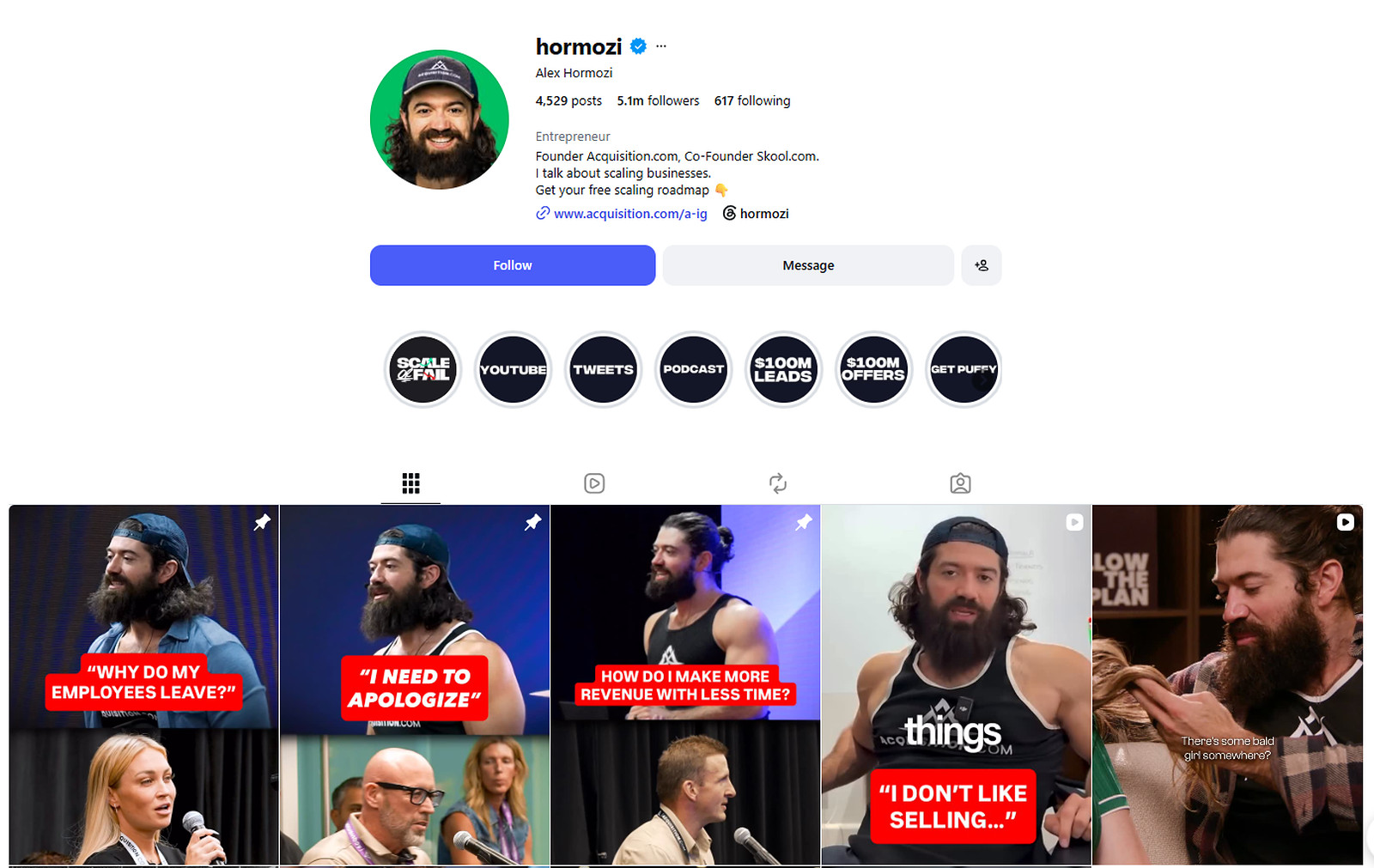 Alex Hormozi Instagram profile @hormozi with 5.1 million followers