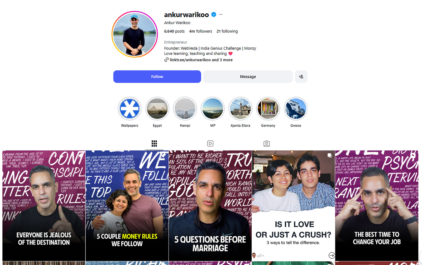 Ankur Warikoo Instagram profile @ankurwarikoo with 4 million followers