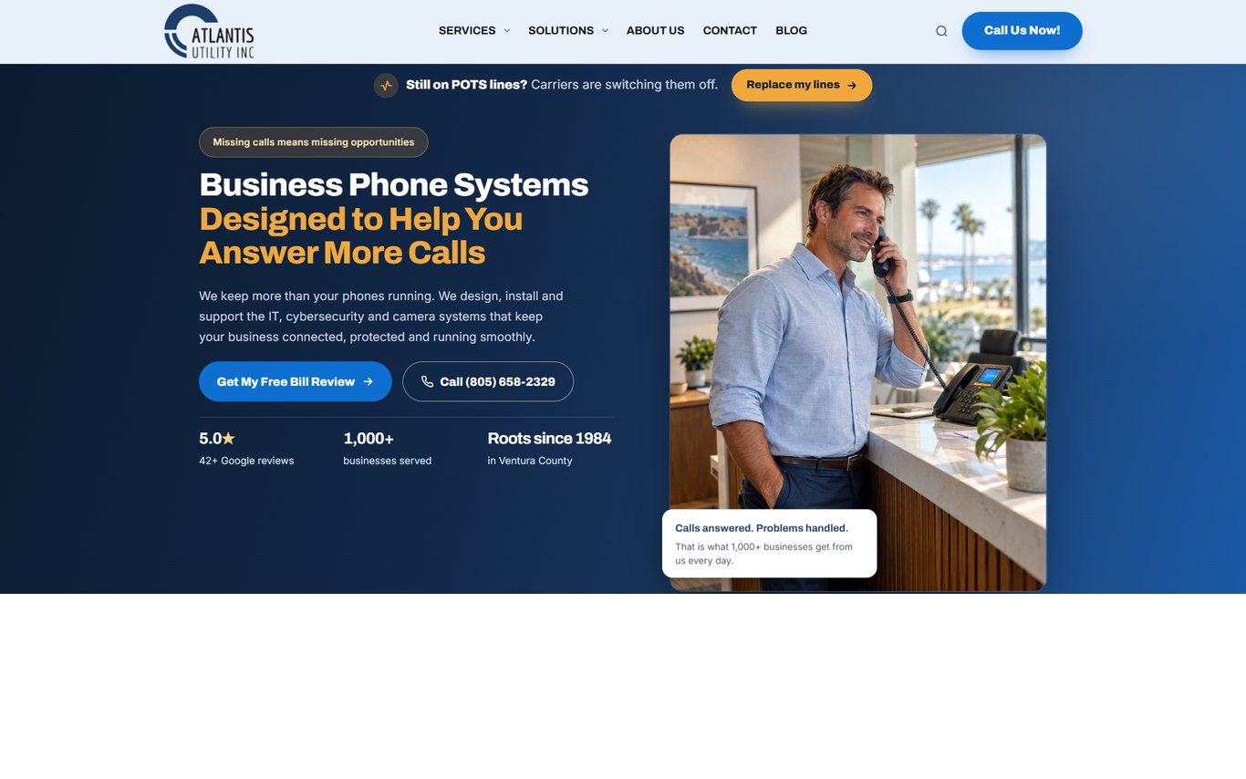 The rebuilt Atlantis Utility website, with reviews and two clear calls to action on the first screen