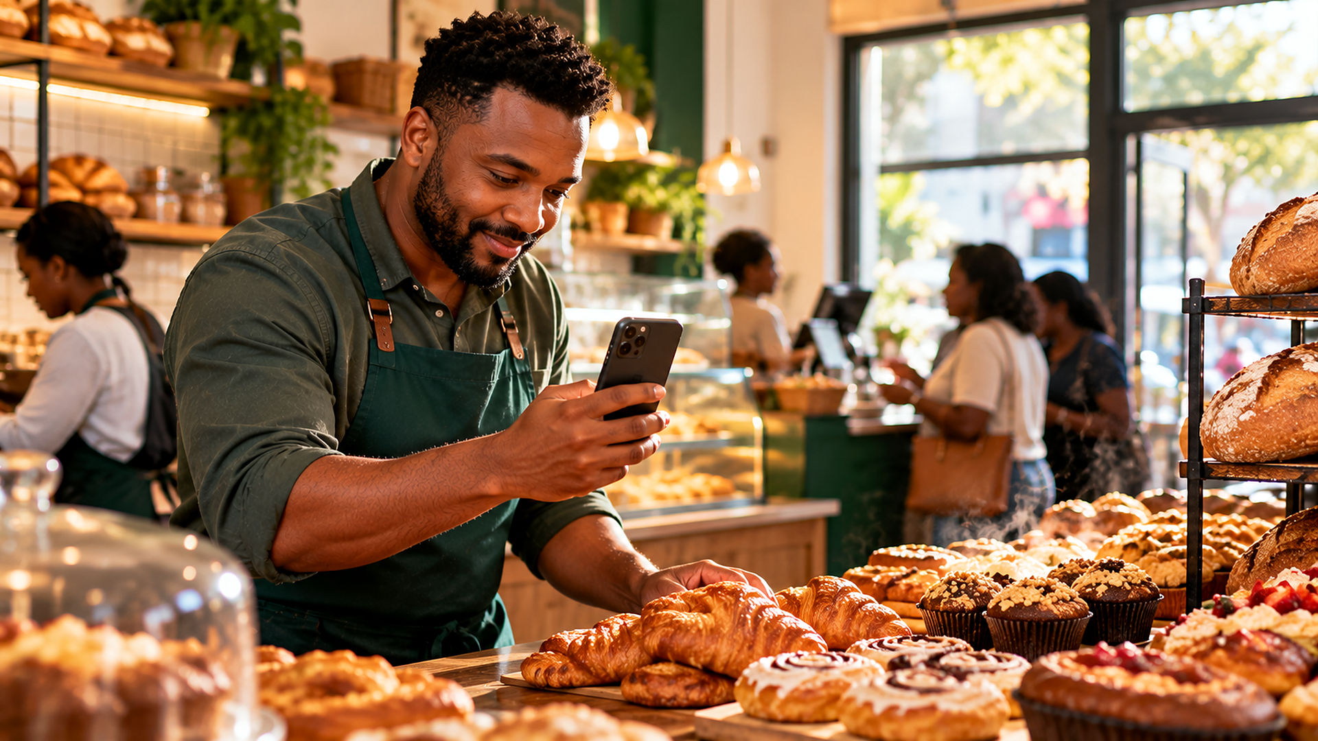 A bakery owner in a dark green apron filming a vertical TikTok video of fresh pastries