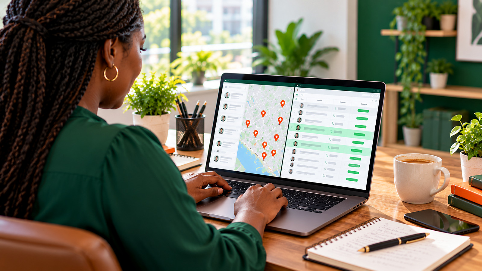 A business owner building a free prospect list on a laptop with a map and a spreadsheet open