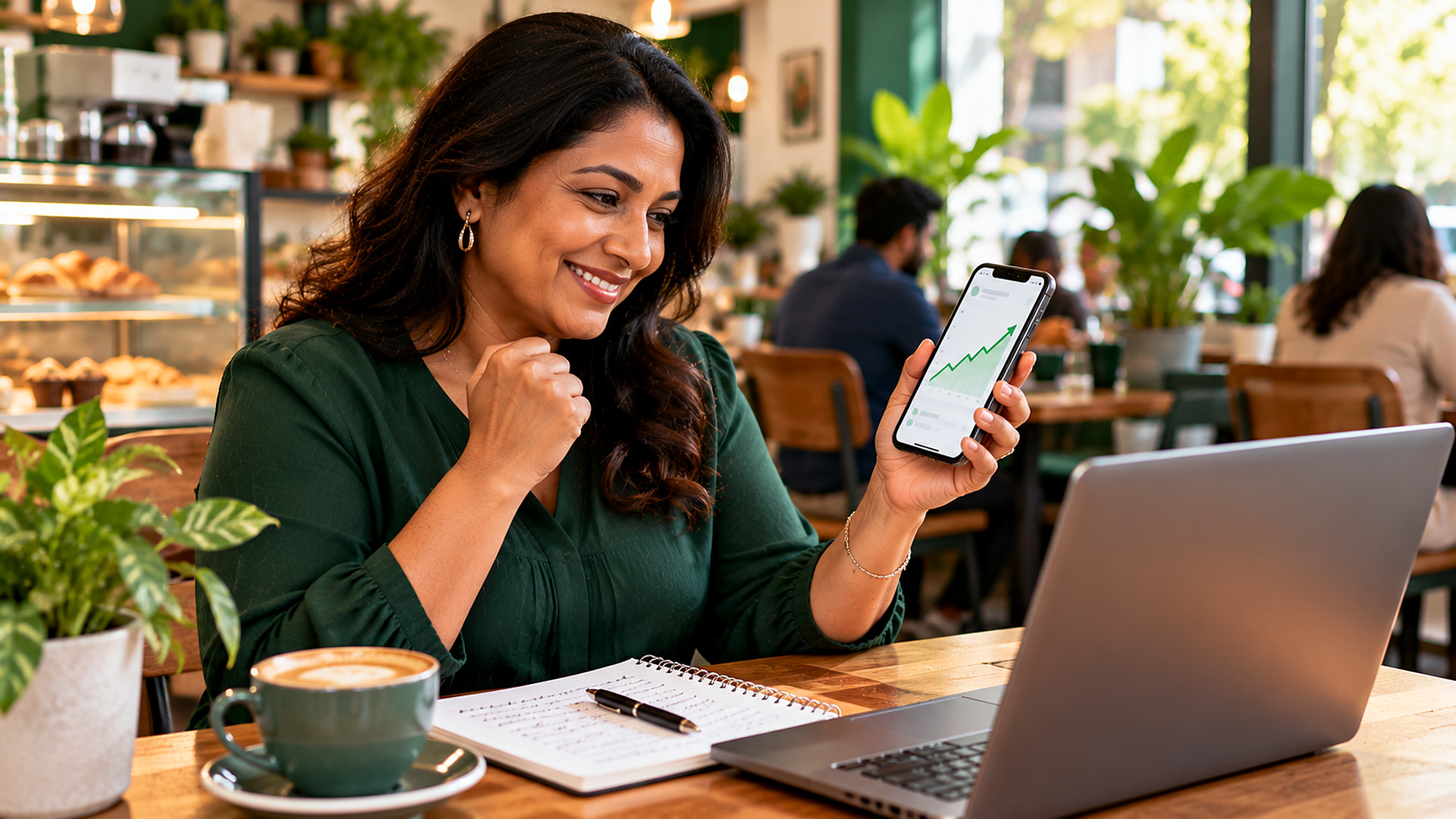 A small business owner smiling at TikTok follower growth on her phone at a cafe table