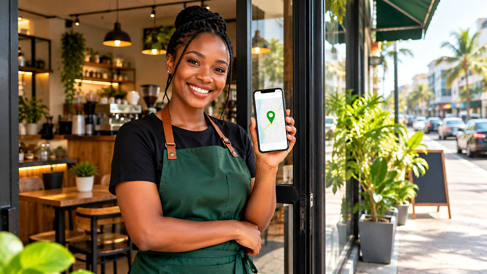 A cafe owner at her shop door showing her business location pin on Google Maps on her phone