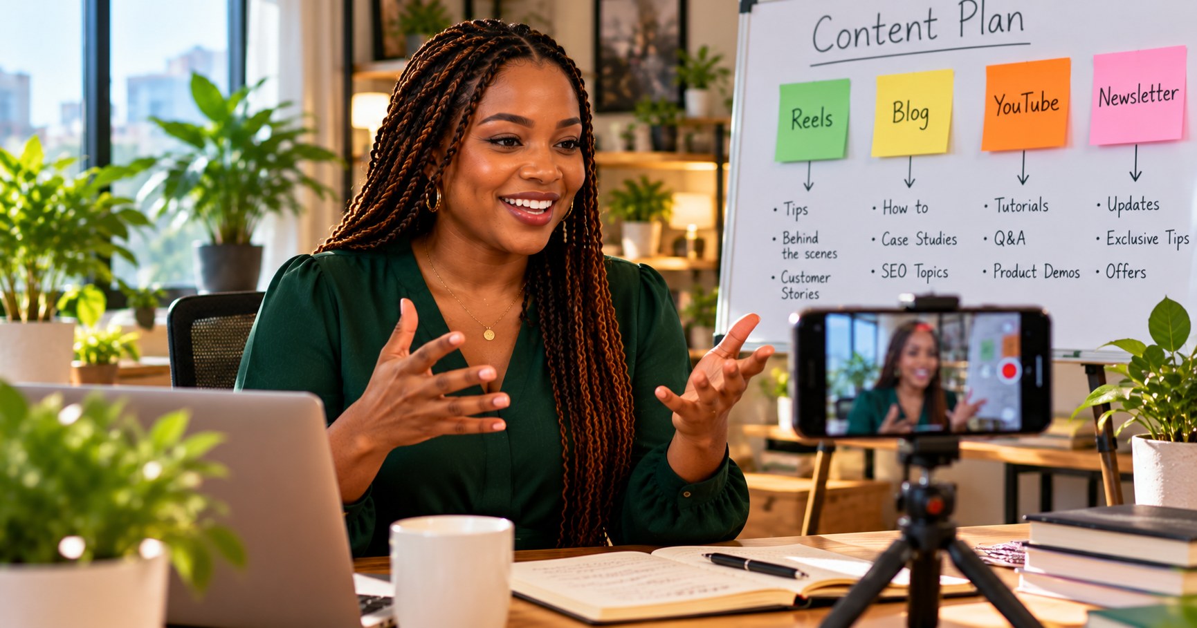 Smiling founder recording a short content marketing video on a phone tripod, with a content plan for Reels, blog, YouTube and newsletter on the whiteboard behind her
