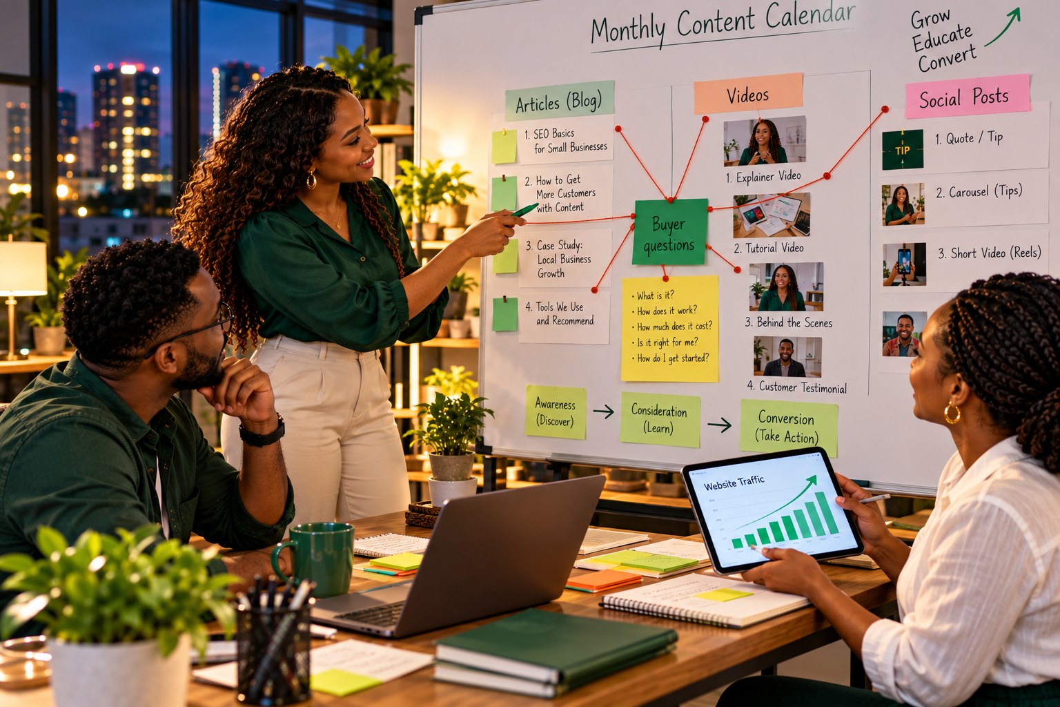 Content marketing team planning a monthly content calendar of blog articles, videos and social posts linked to buyer questions, with website traffic rising on a tablet