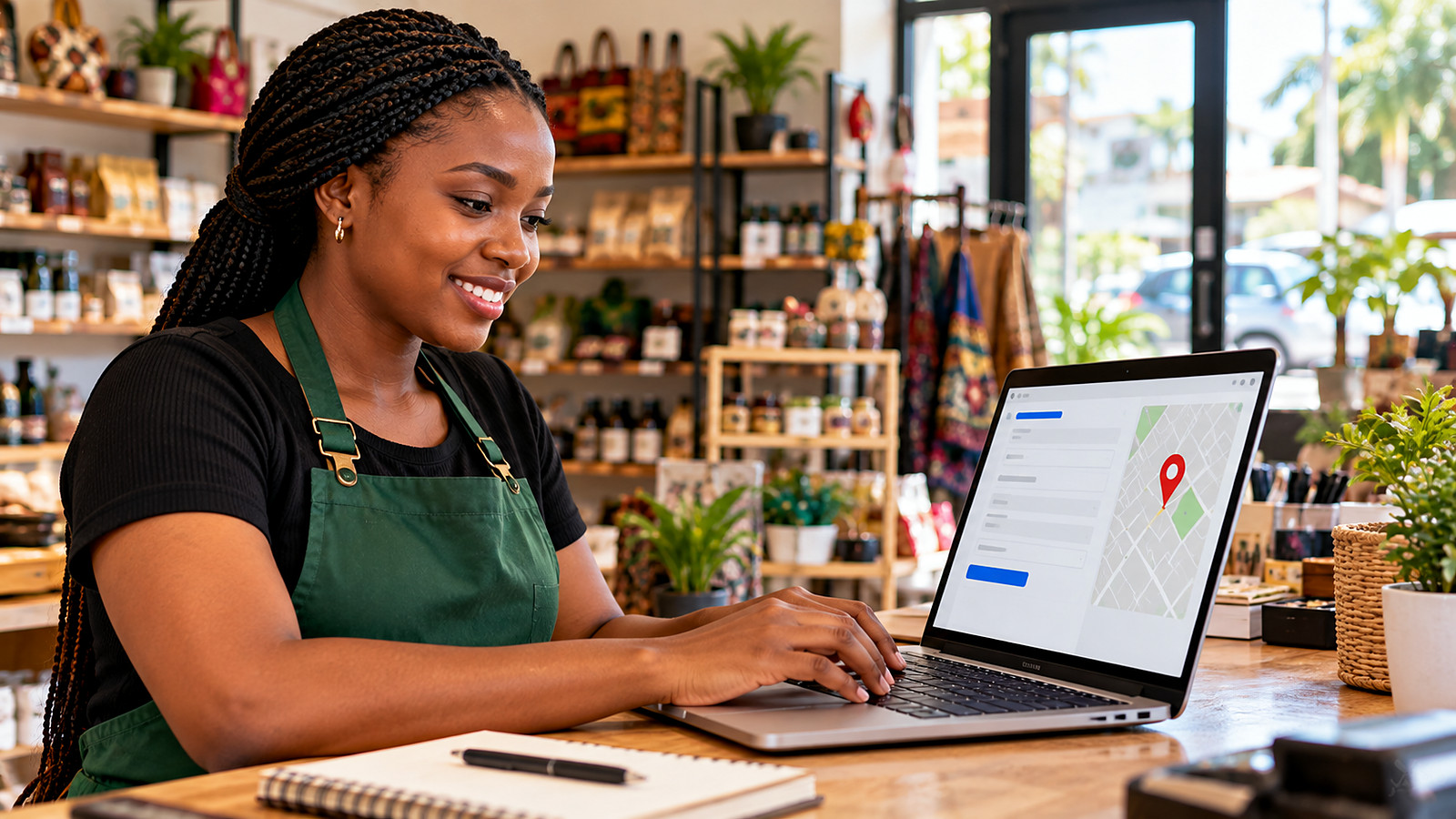 A shop owner creating a free Google Business Profile on a laptop to put her business on Google Maps