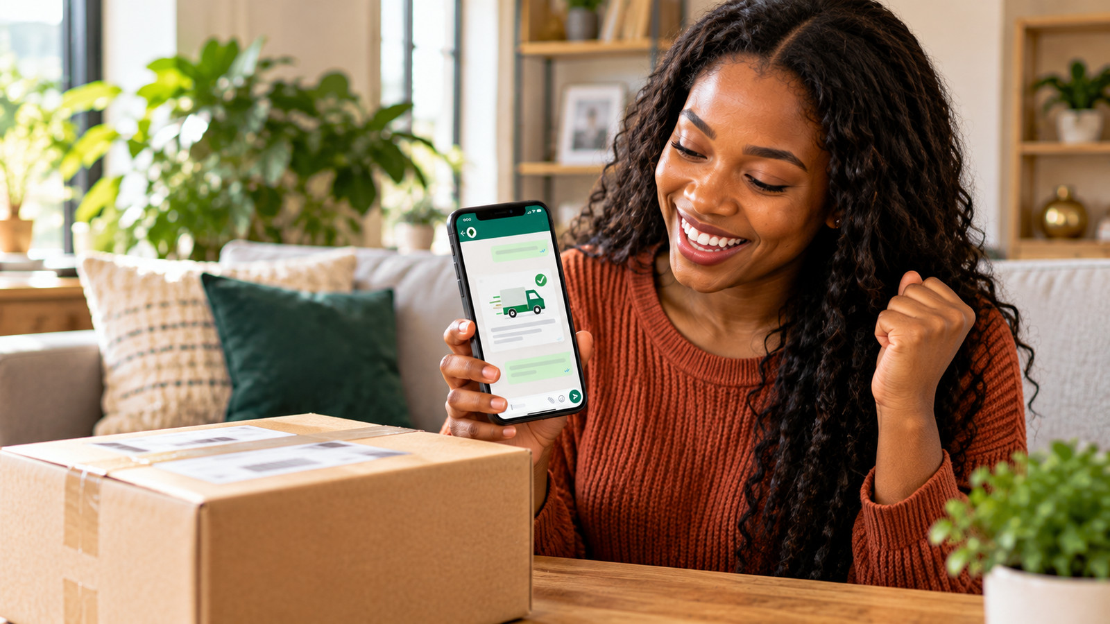 A happy customer reading a WhatsApp order update next to her delivered parcel