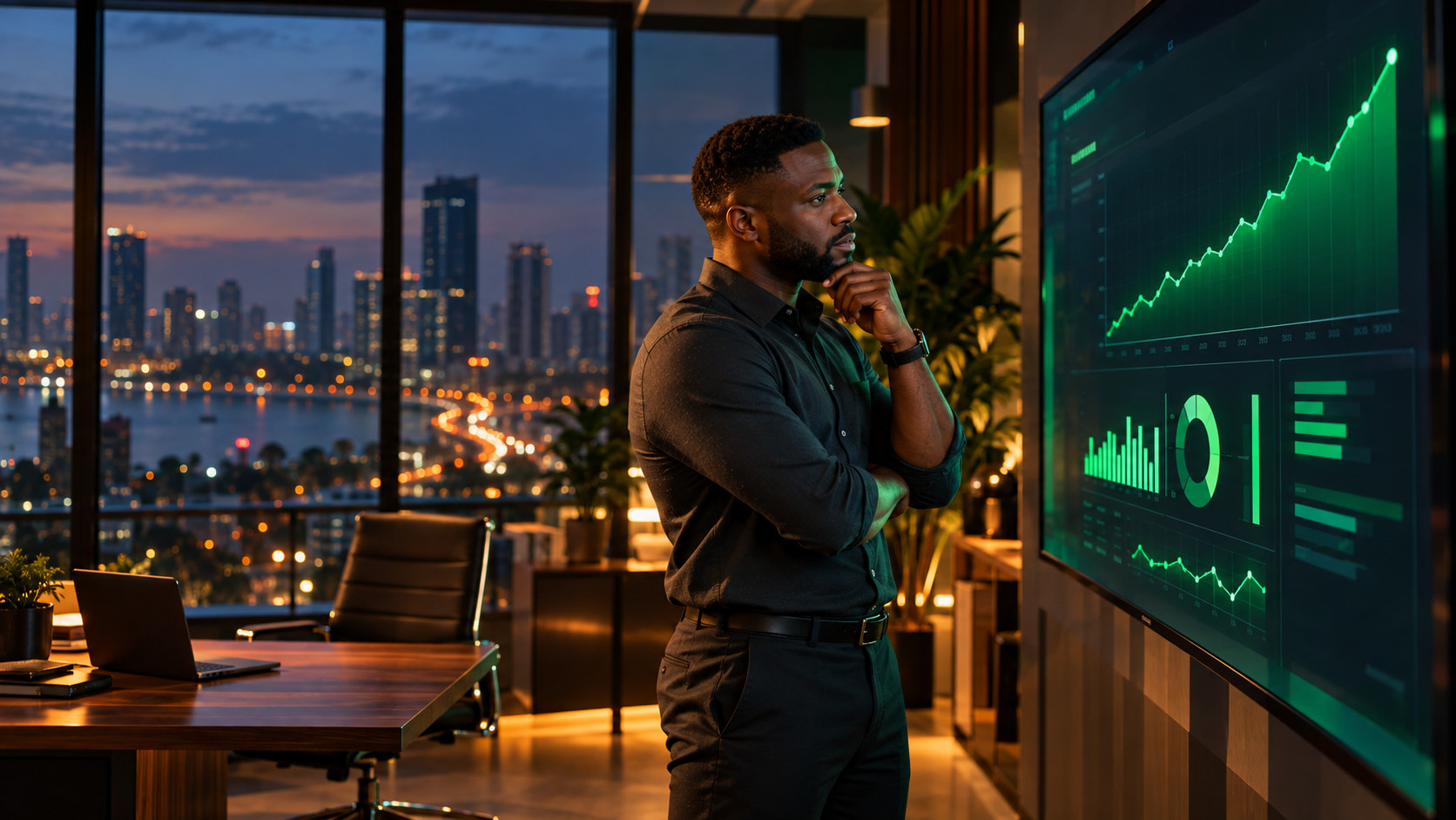 A digital marketer reviewing a live client growth dashboard in Lagos