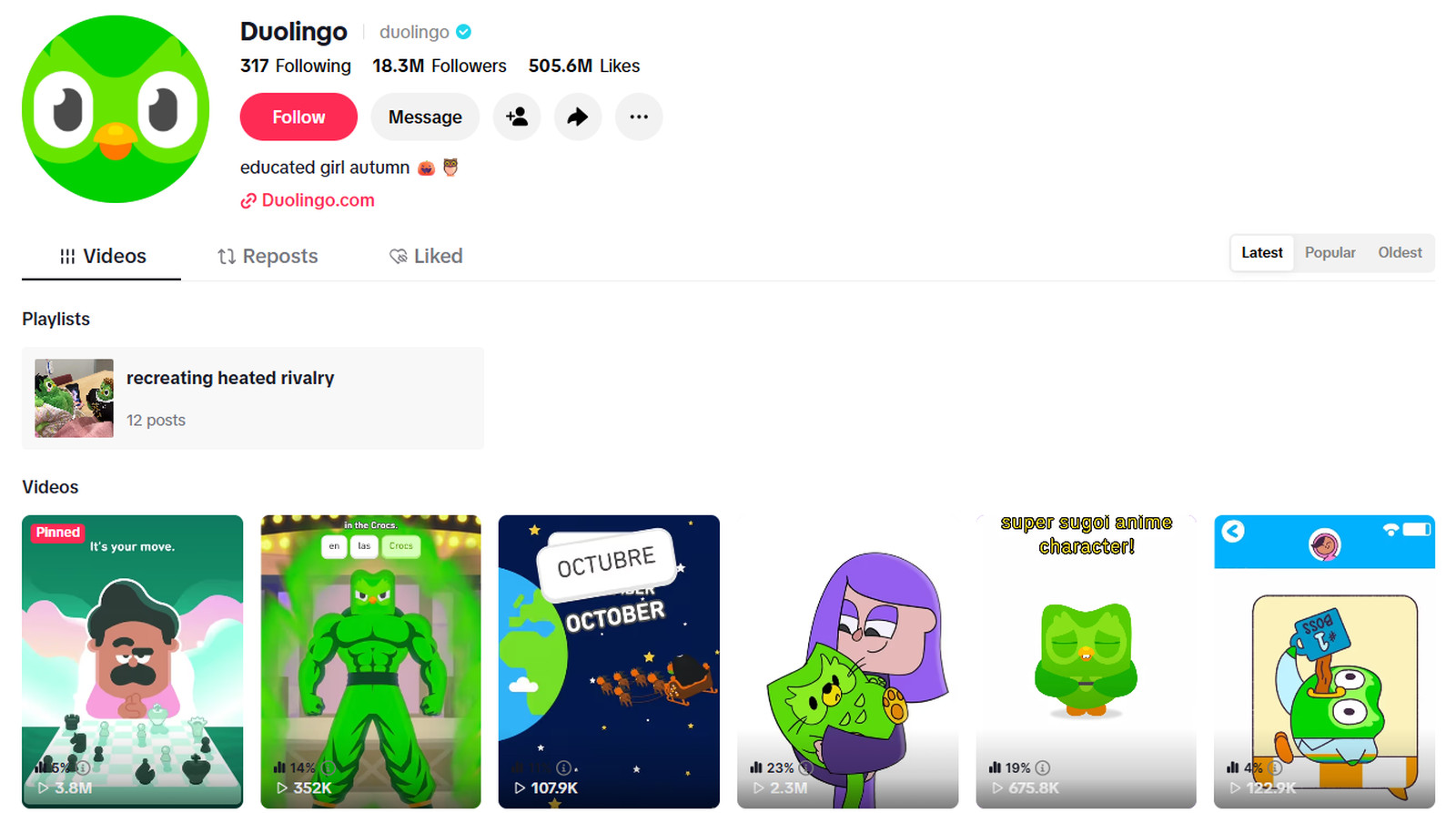 Duolingo TikTok profile @duolingo with 18.3 million followers and green owl mascot videos