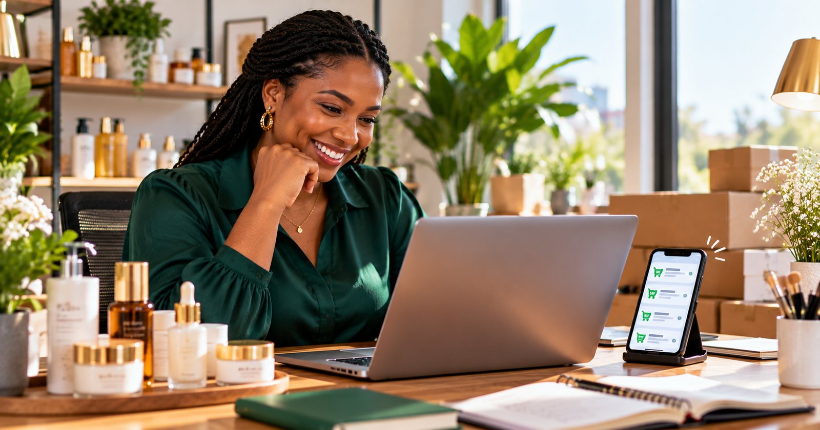 Skincare brand founder smiling at email marketing results on her laptop, with new order notifications arriving on her phone