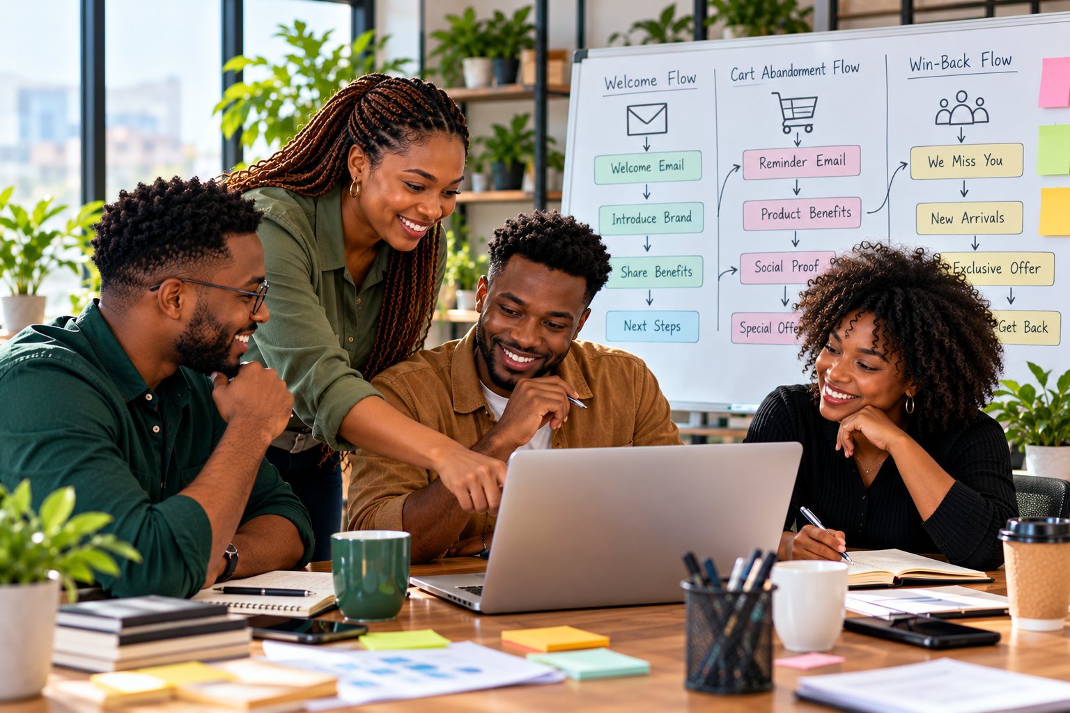 An email marketing team planning automation flows around a laptop, with welcome, cart and win-back emails mapped on the whiteboard