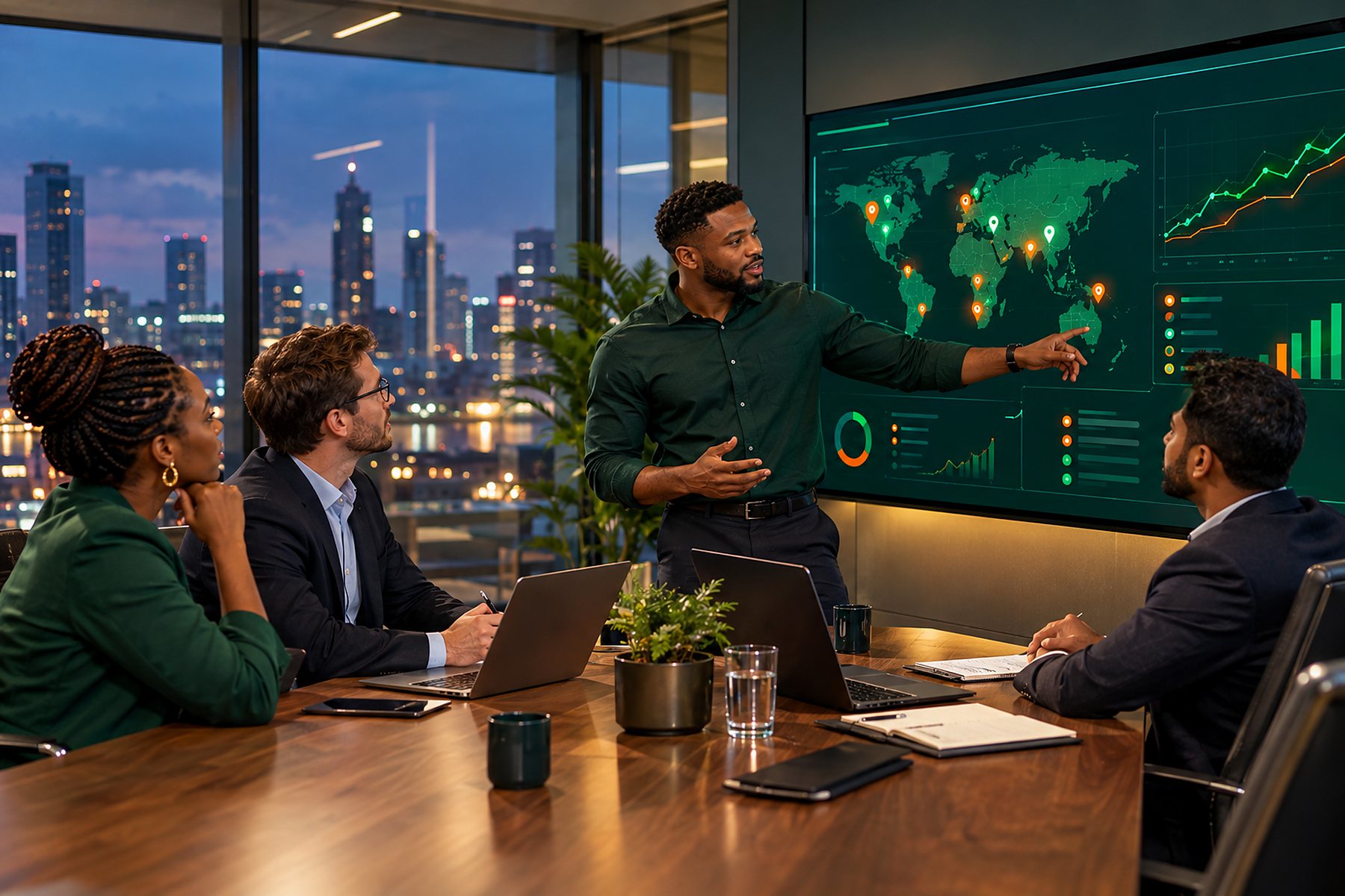 A marketing leadership team reviewing organic search revenue across several countries