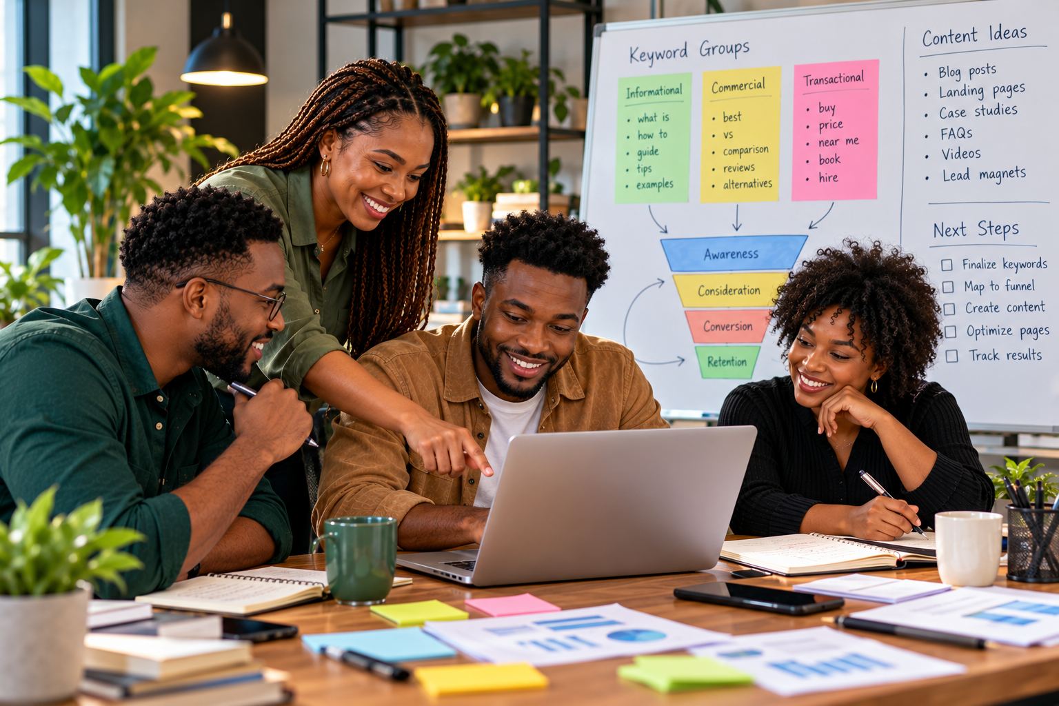 A Google ads team planning search campaigns around a laptop, with keyword groups by search intent and a marketing funnel mapped on the whiteboard