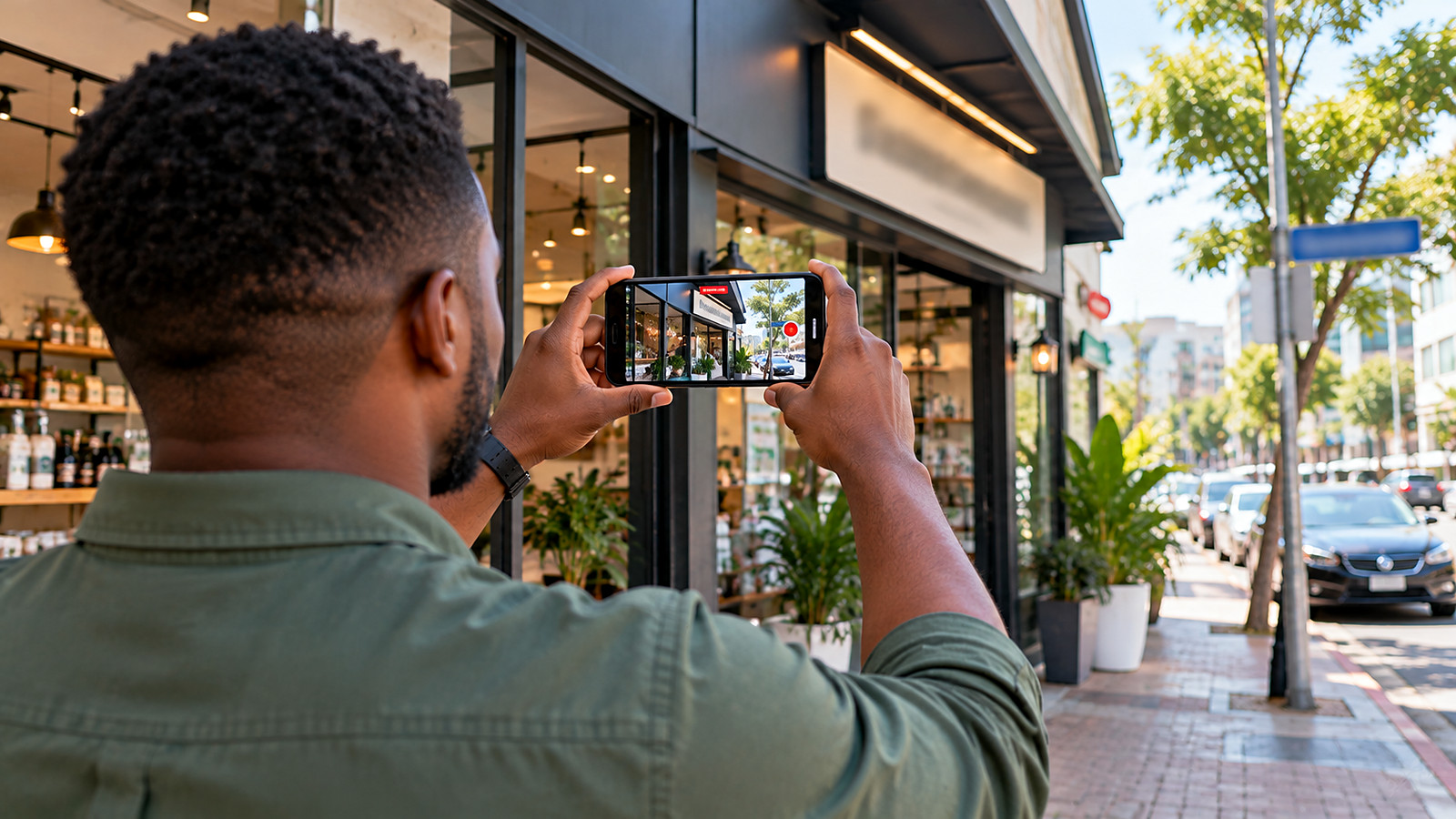 A business owner recording his shopfront, signage and street for Google Business Profile video verification