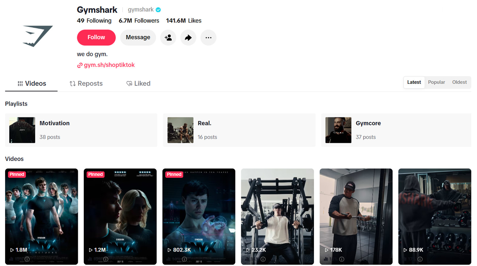Gymshark TikTok profile @gymshark with 6.7 million followers, playlists and pinned videos