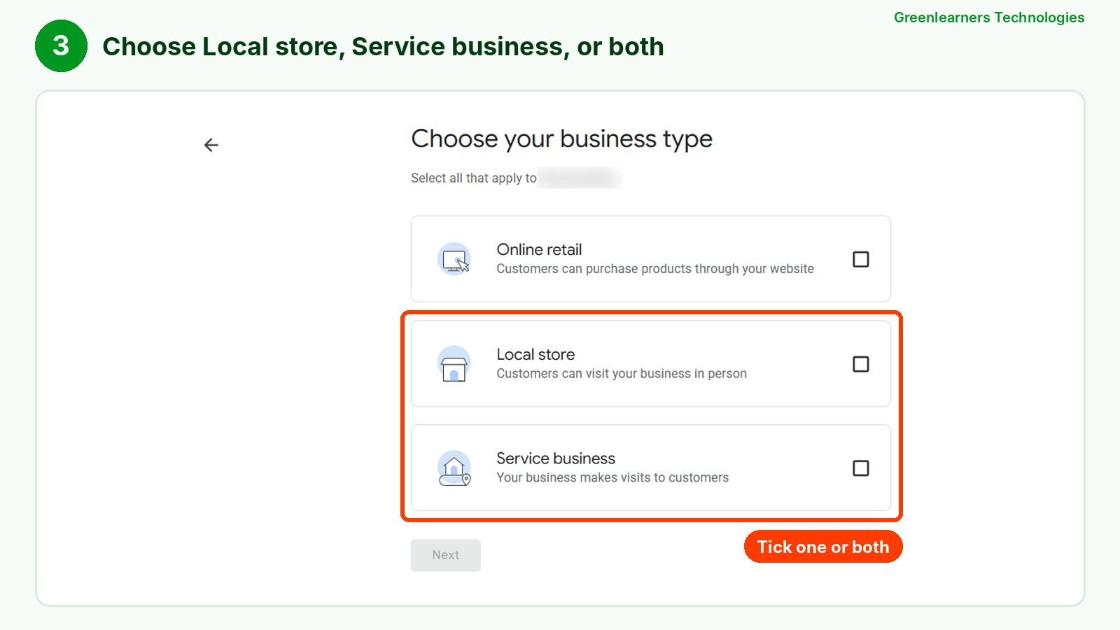 Step 3: choose Local store, Service business or both to put your shop on Google Maps