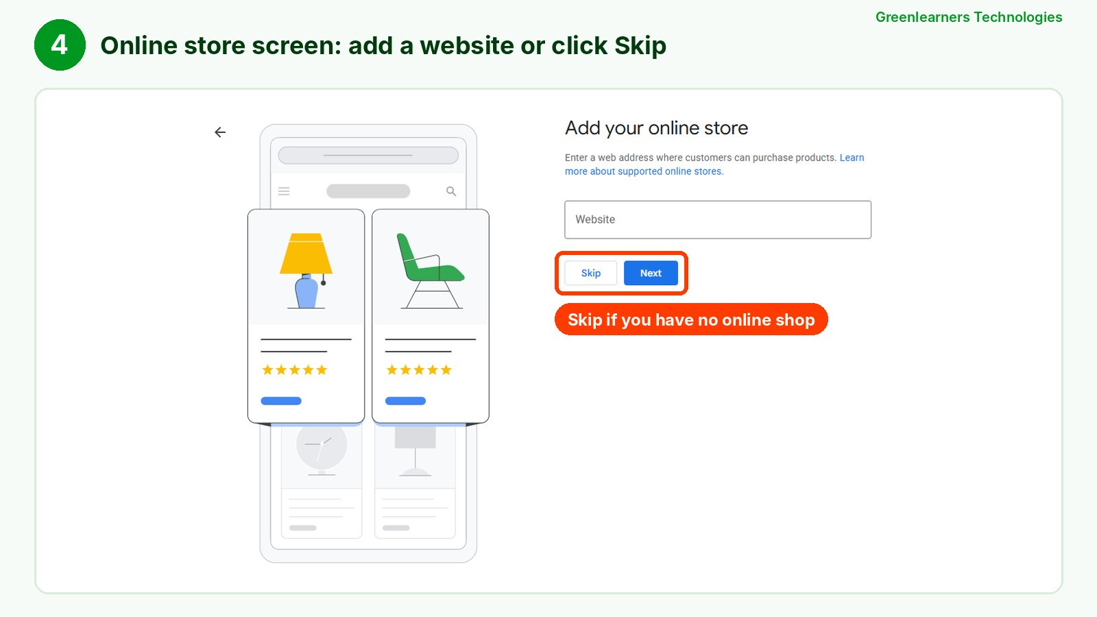 Step 4: add your online store website or click Skip in Google Business Profile