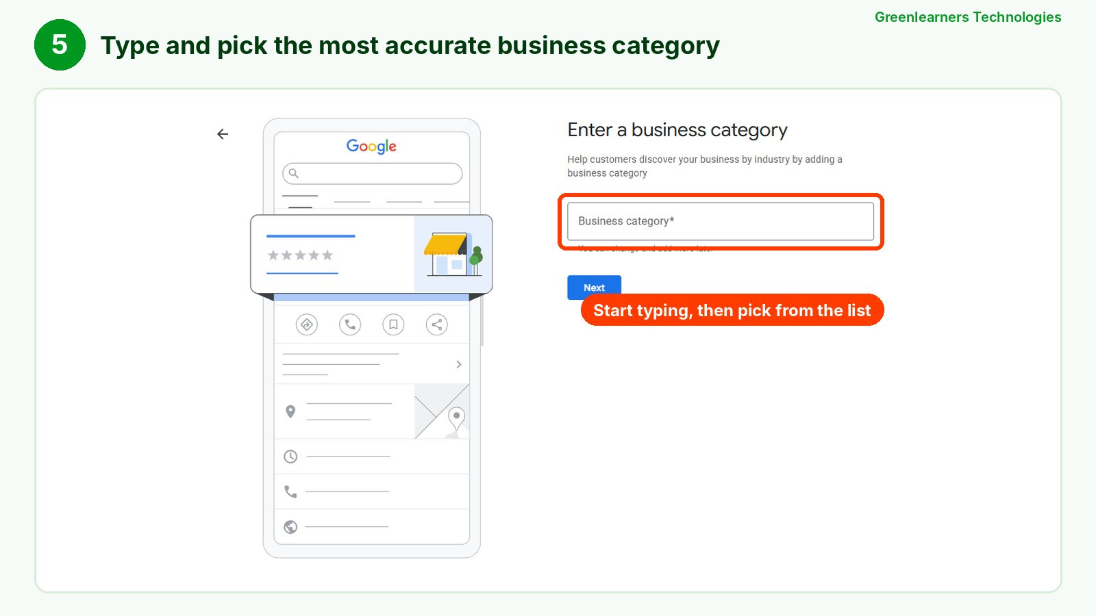 Step 5: type and choose the most accurate business category for your Google Maps listing