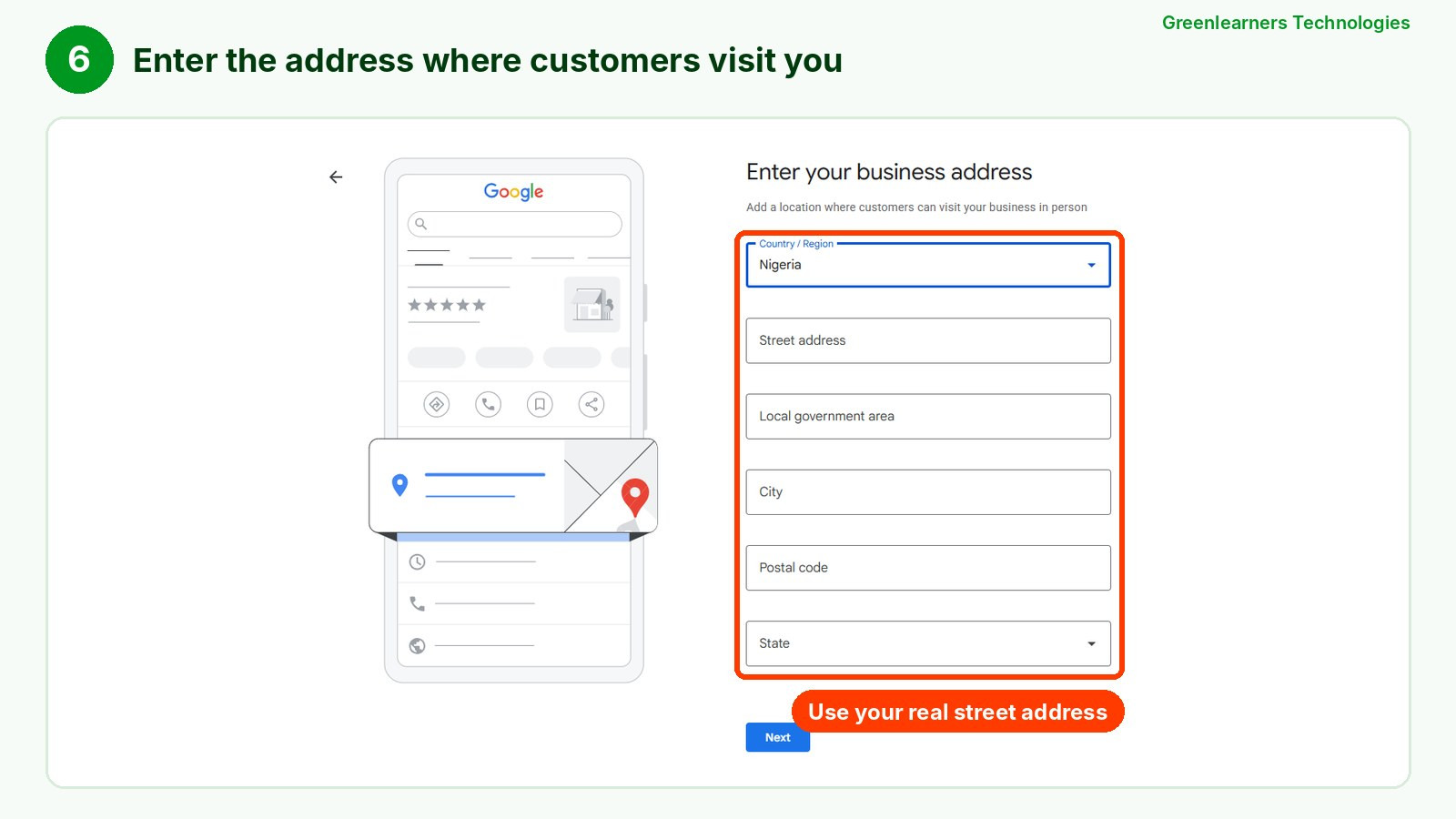 Step 6: enter your business address to put your business location on Google Maps