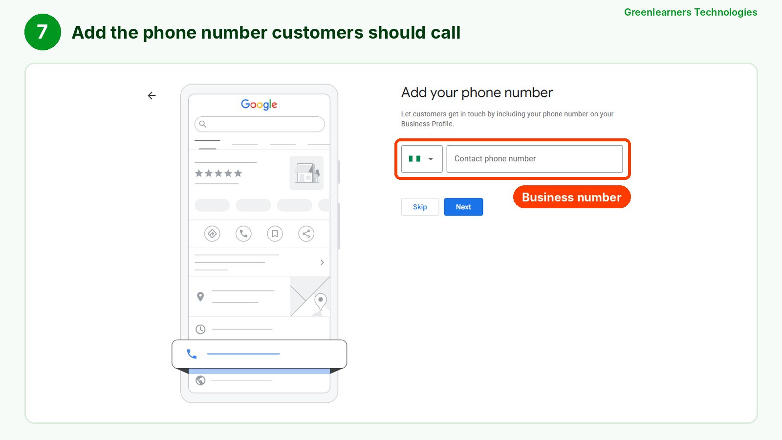 Step 7: add the business phone number customers will see on your Google Business Profile