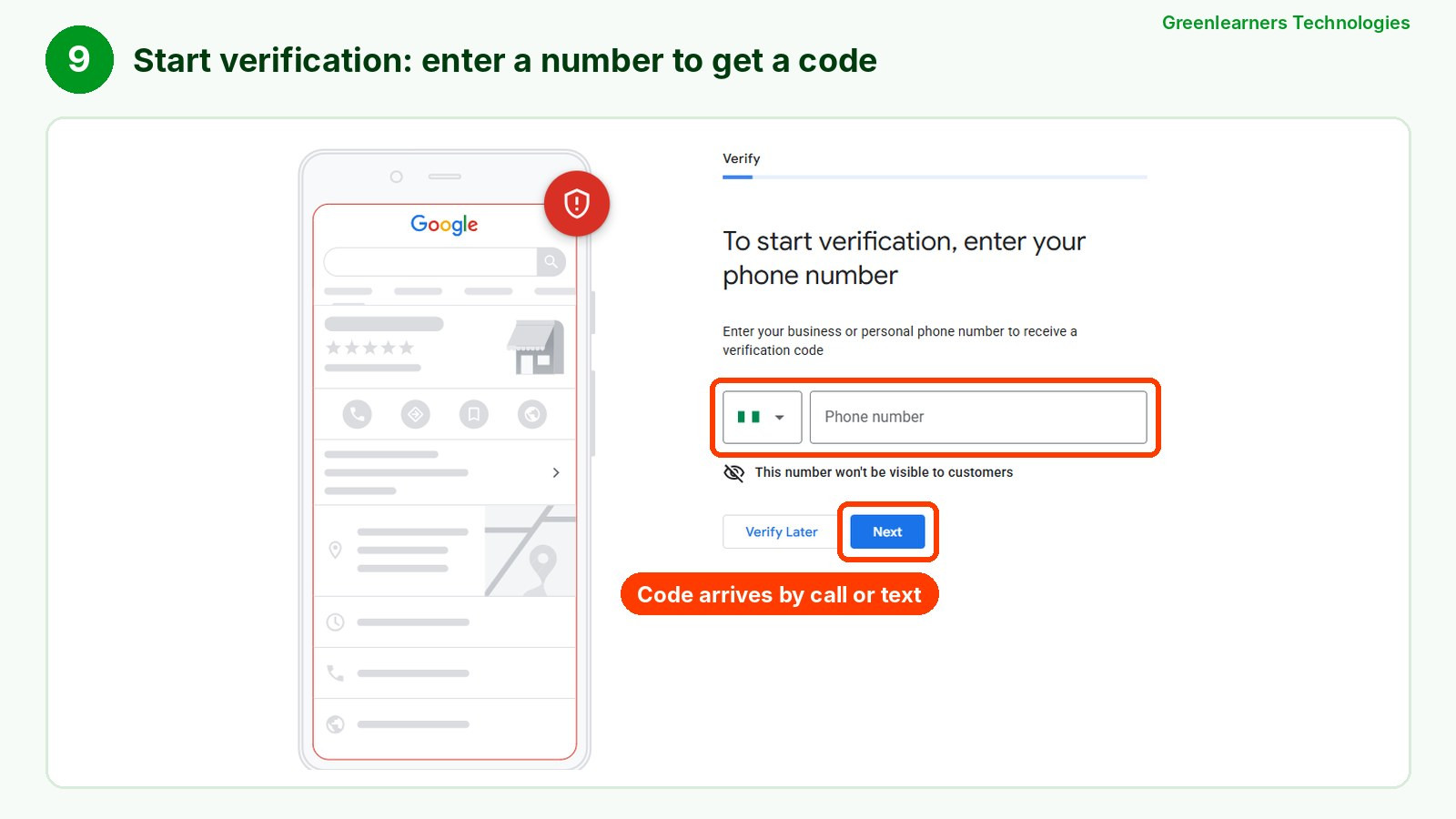 Step 9: start Google Business Profile verification by entering a phone number to receive a code