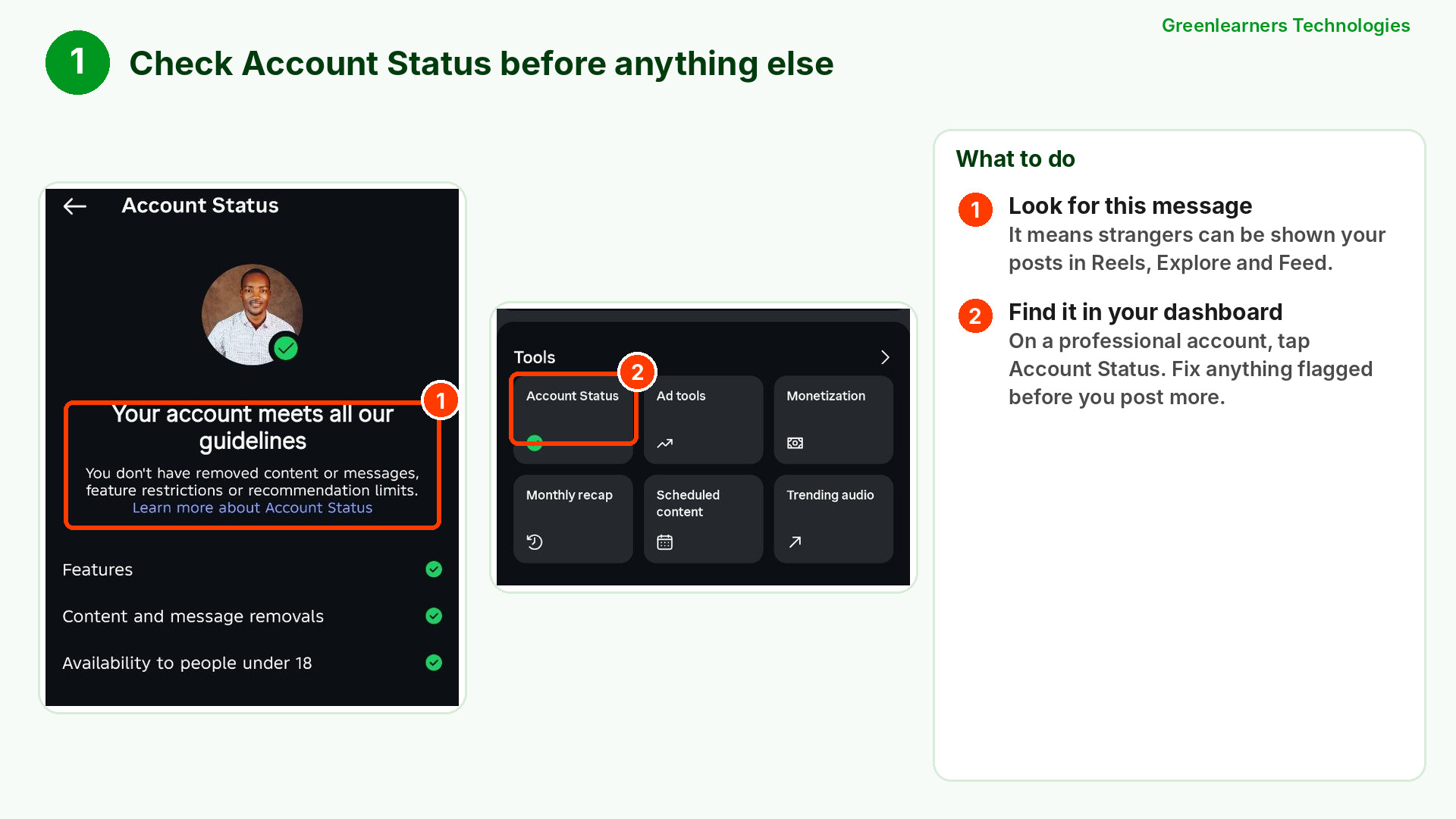 Instagram Account Status screen showing the account meets all guidelines, and the dashboard Account Status tile