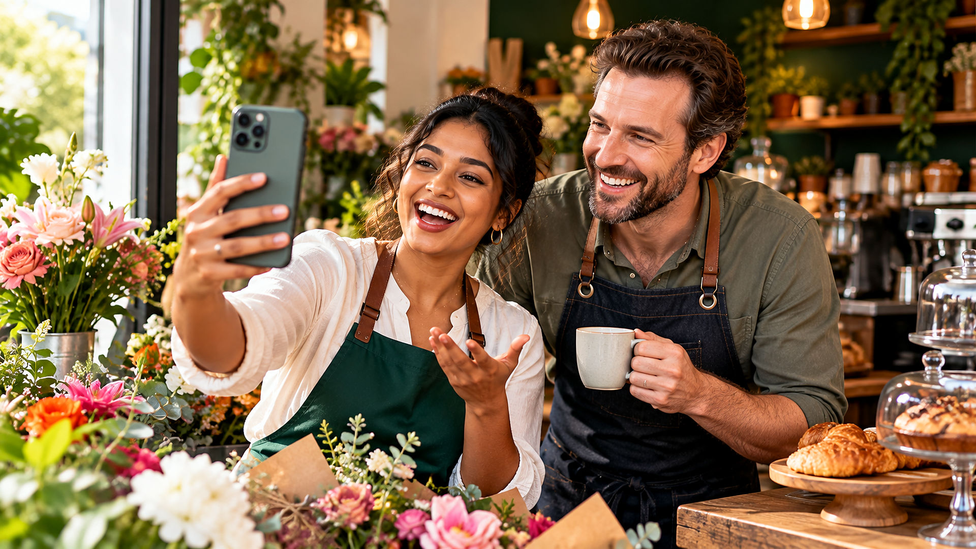 Two small business owners filming an Instagram collab post together to reach each other's followers