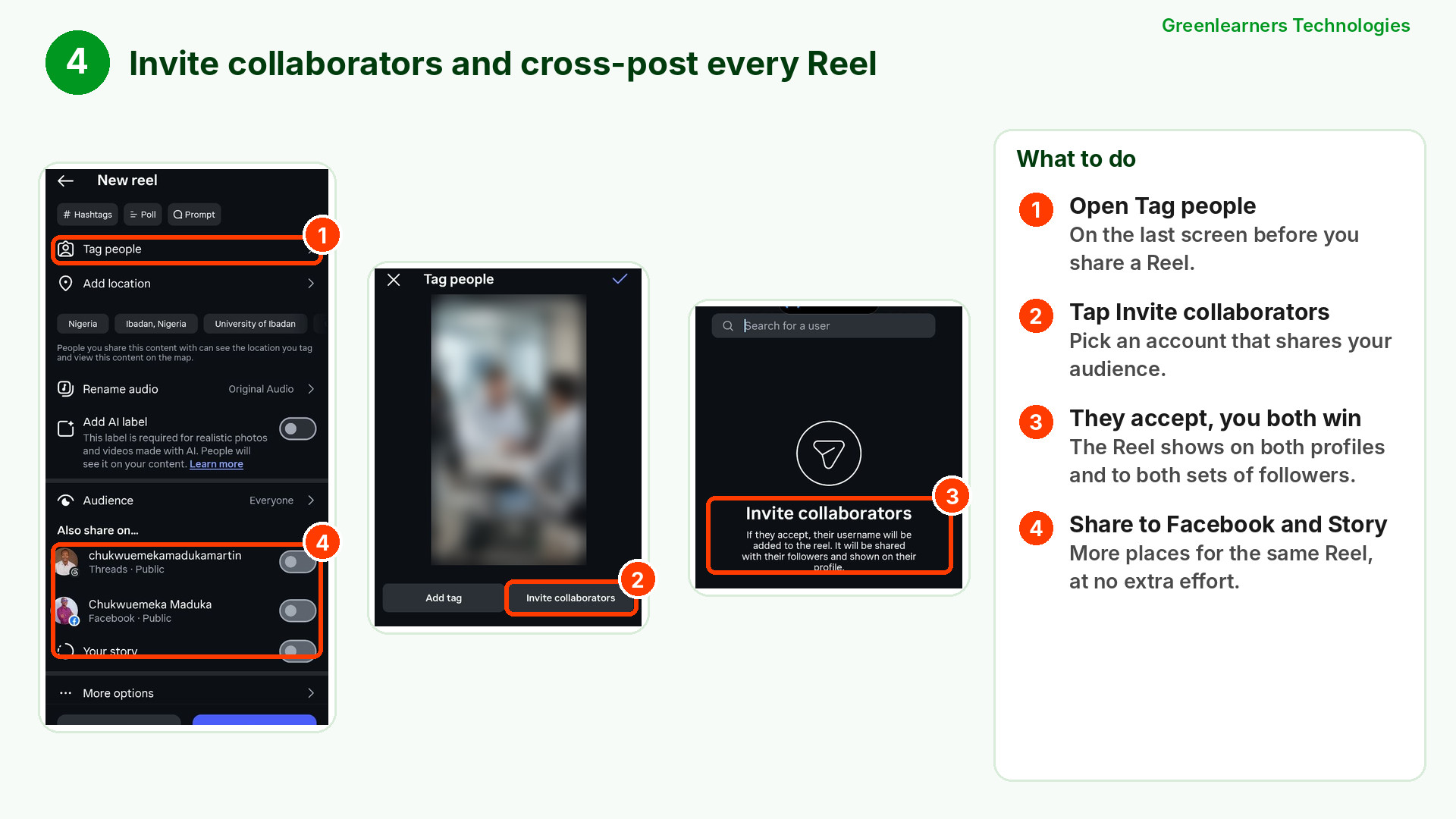 Instagram New reel screen with Tag people, Invite collaborators and the options to also share on Facebook and your Story