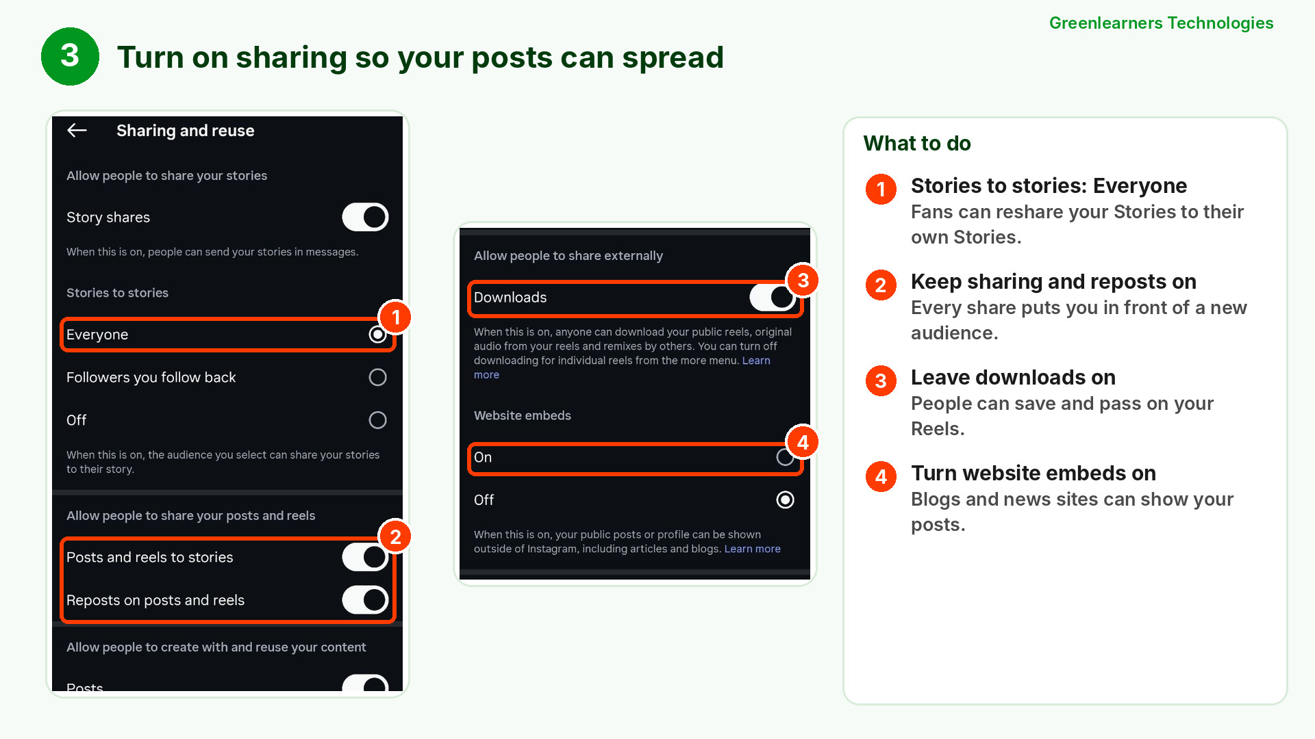 Instagram Sharing and reuse settings with story sharing, reposts, downloads and website embeds switched on