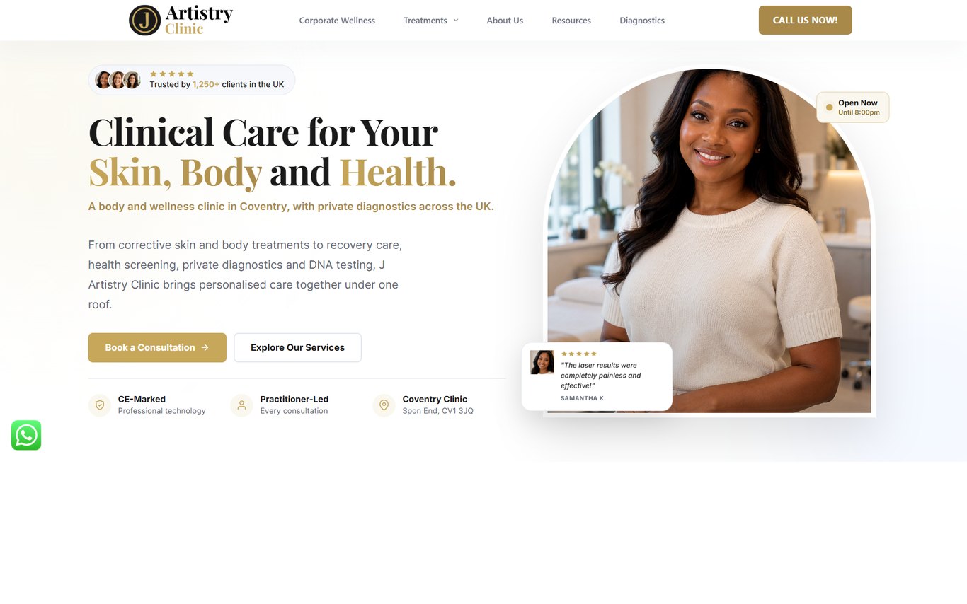 J Artistry Clinic website after the rebuild: a clear headline, 1,250+ clients as proof and a booking button on the first screen