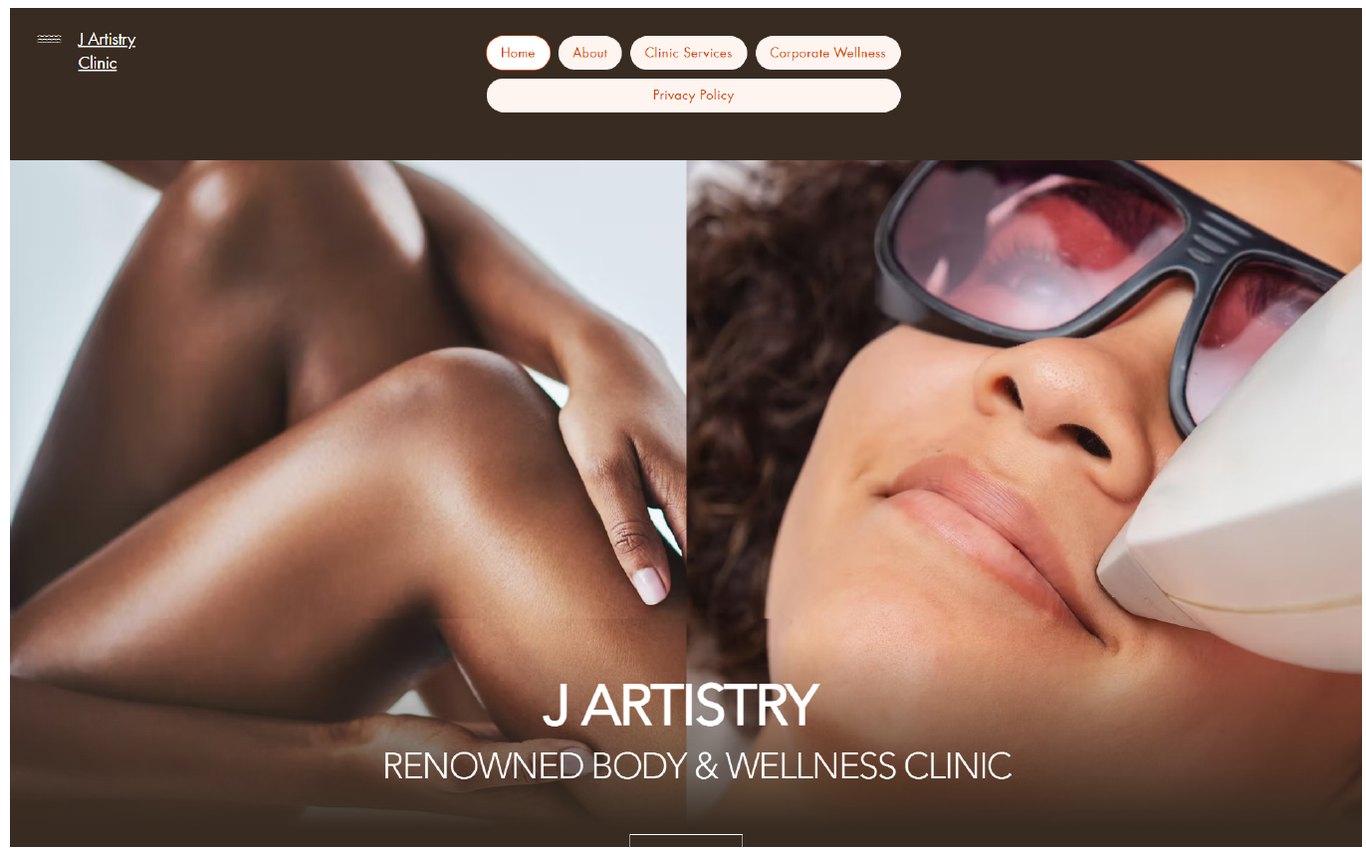 J Artistry Clinic website before the rebuild: a large image, no proof and no booking button on the first screen