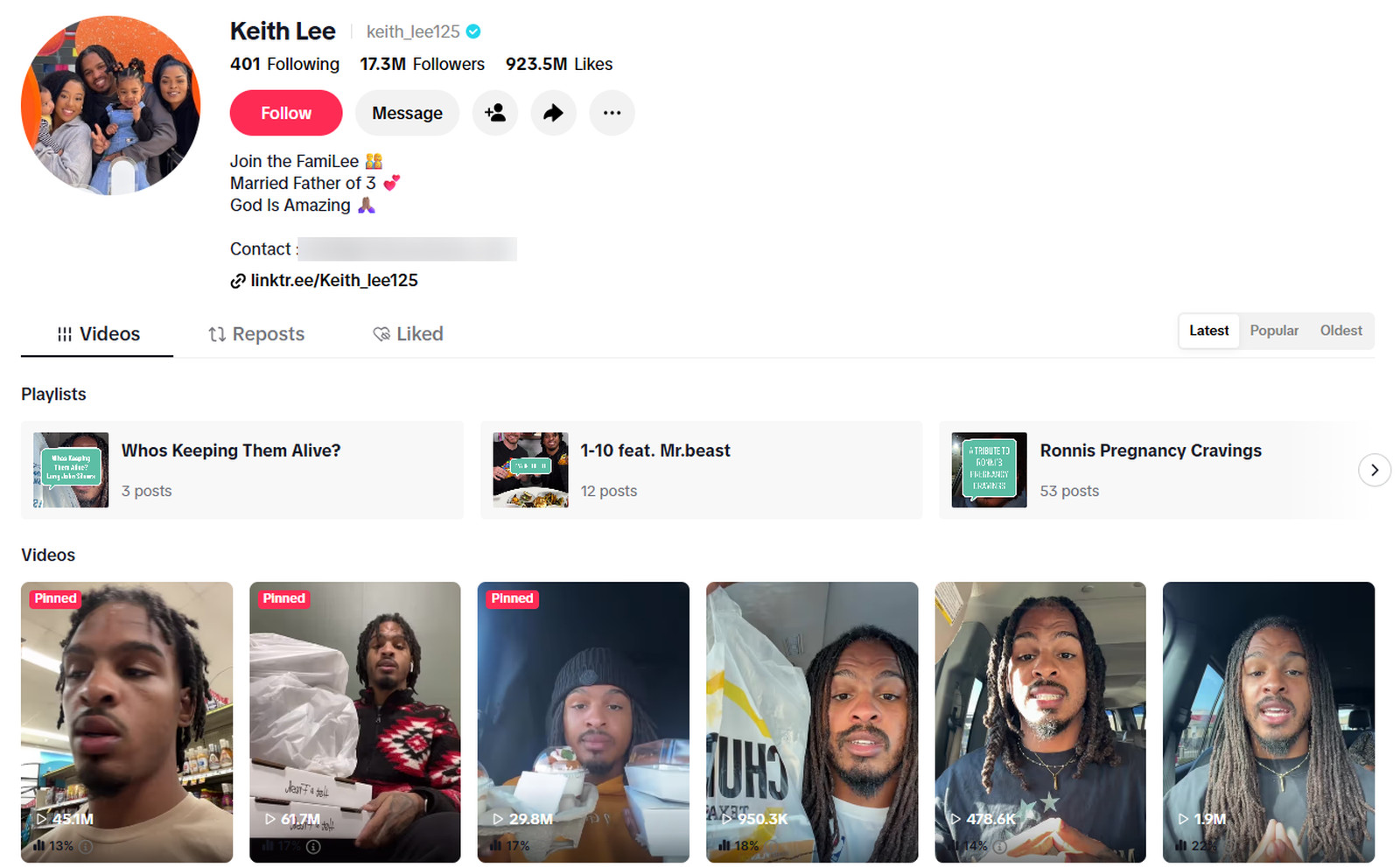 Keith Lee TikTok profile @keith_lee125 with 17.3 million followers and playlists of food reviews