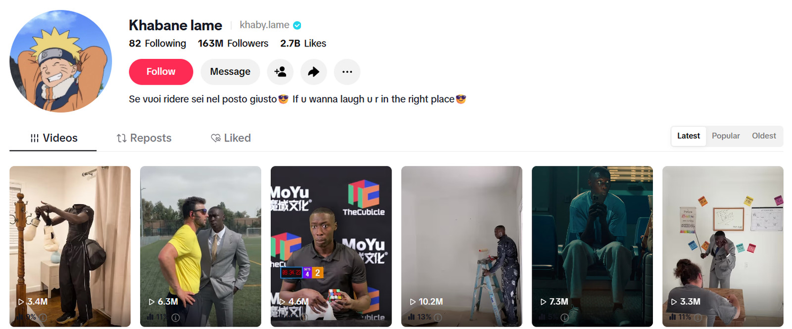 Khaby Lame TikTok profile @khaby.lame with 163 million followers and 2.7 billion likes