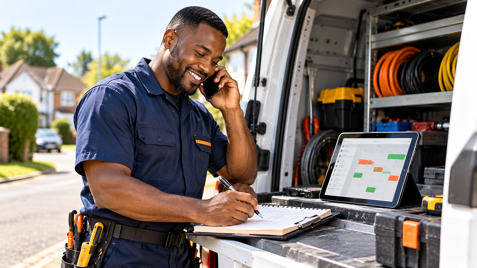 A local service business owner booking a new customer by phone after a lead came in from a free online tool