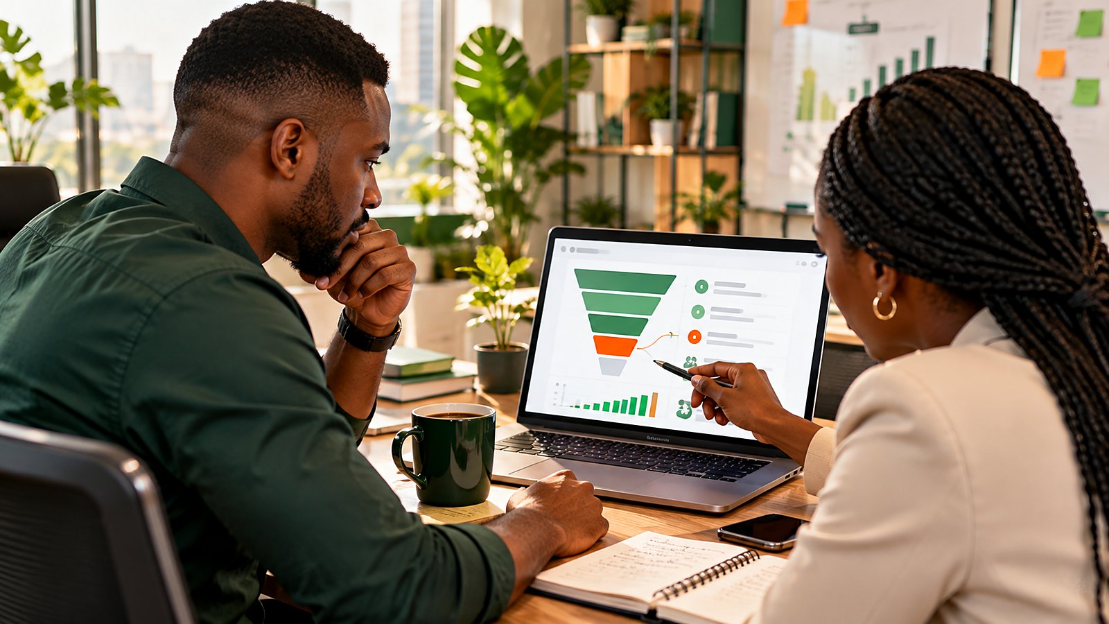 Marketing and SEO priority diagnostic: a business owner and a marketer reviewing where customers drop off