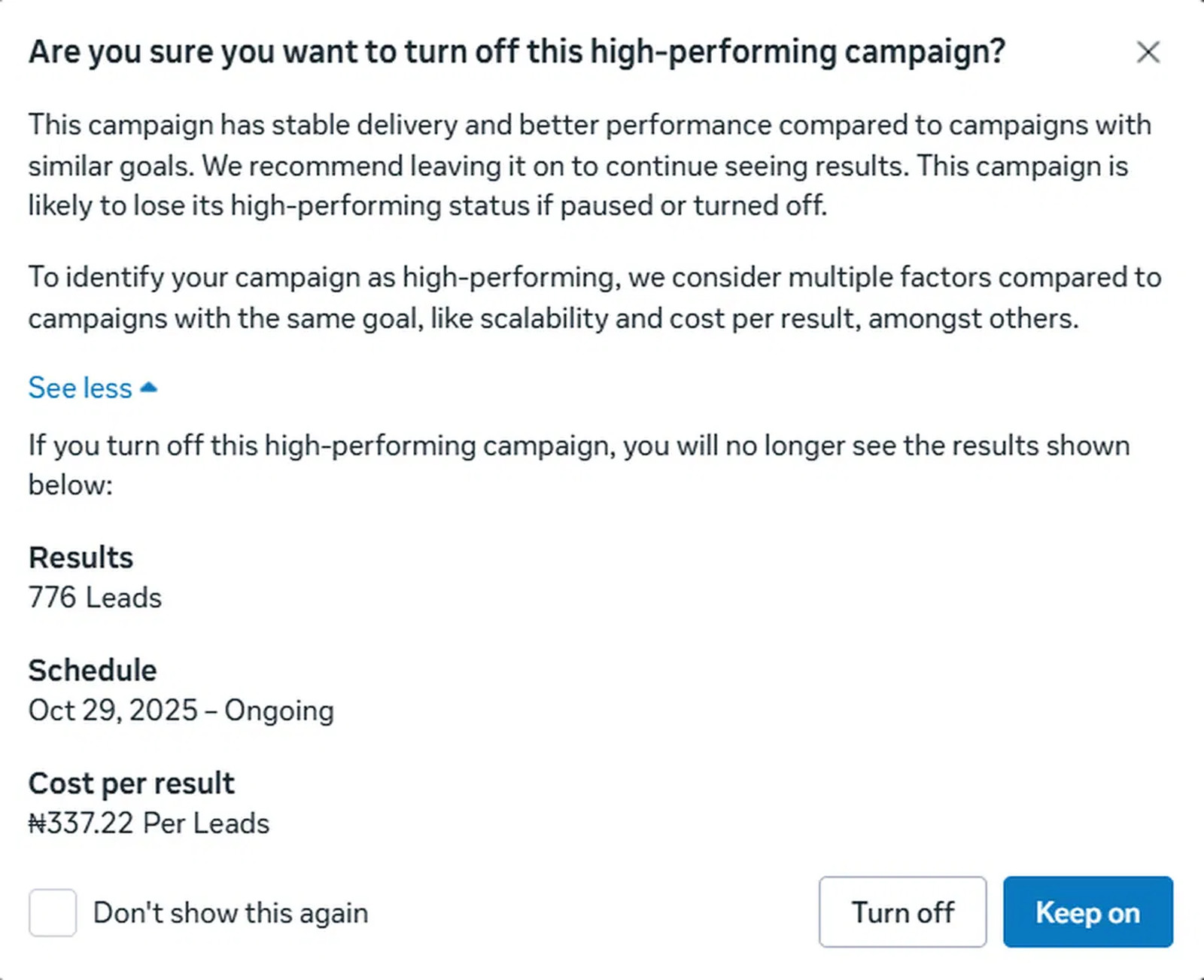 Meta Ads Manager flagging a lead campaign as high-performing, with 776 leads at about 337 naira per lead