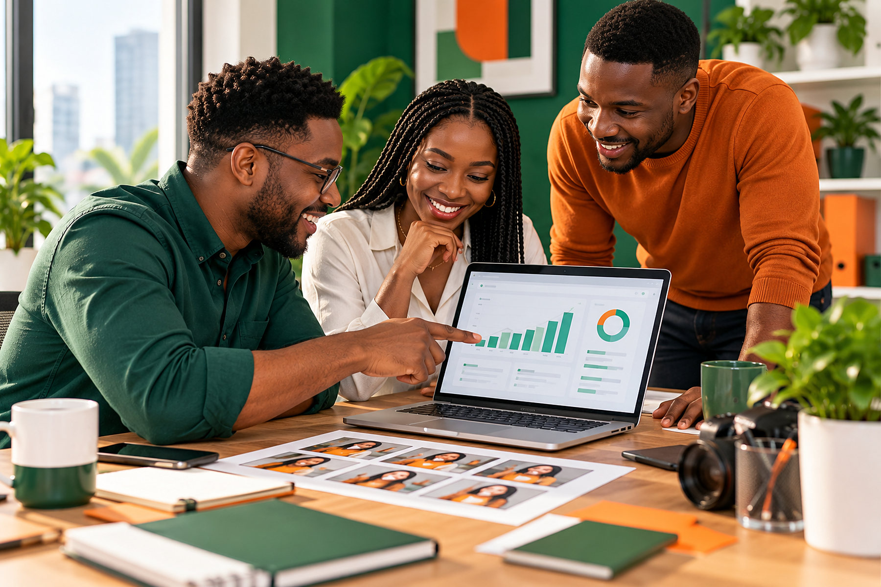 The Greenlearners Technologies team reviewing Facebook and Instagram ad results together on a laptop