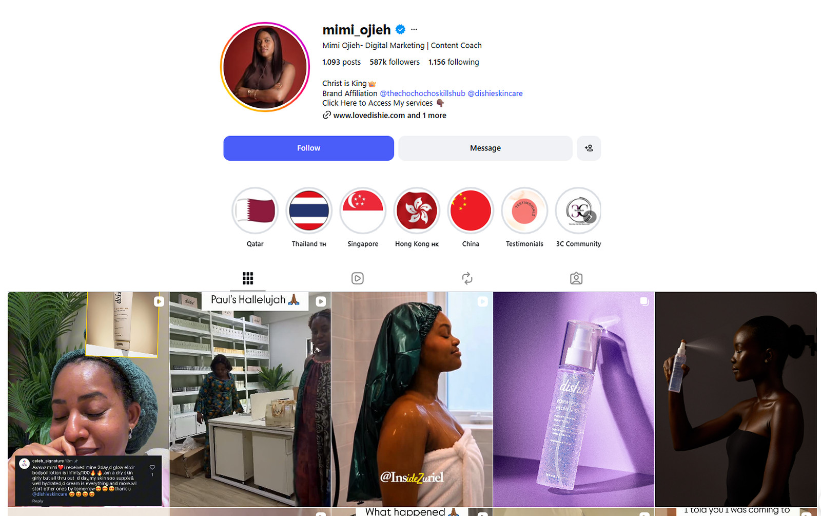 Mimi Ojieh Instagram profile @mimi_ojieh with 587,000 followers