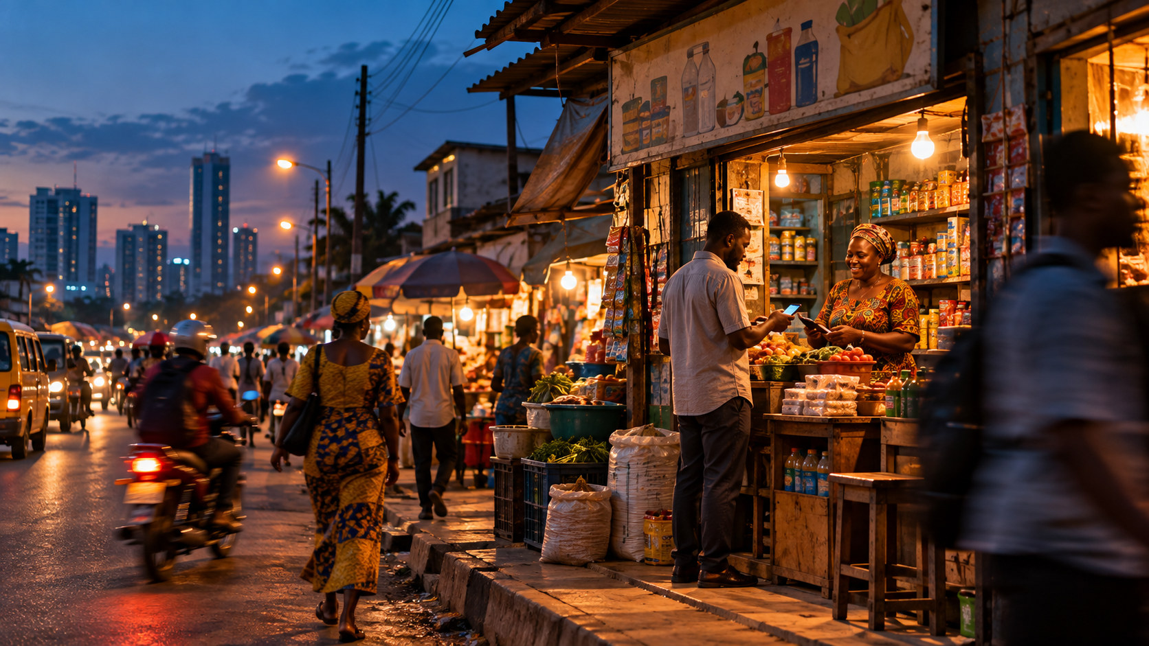 A Nigerian small business taking a digital payment on a Lagos street at dusk