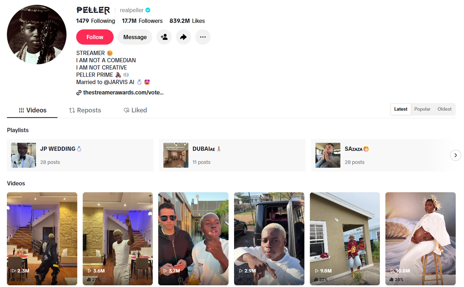 Peller TikTok profile @realpeller with 17.7 million followers and playlists