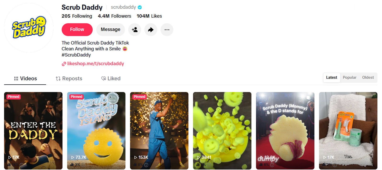 Scrub Daddy TikTok profile @scrubdaddy with 4.4 million followers and sponge character videos