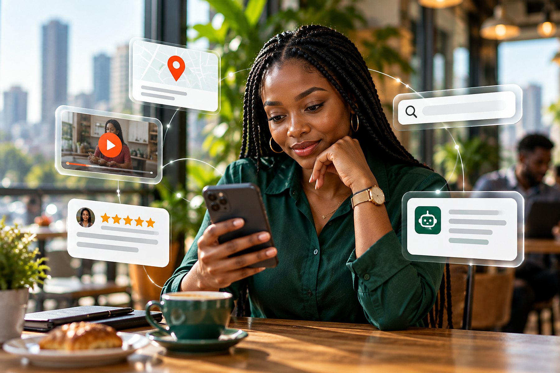 A young woman in Lagos searching on her phone across Google, maps, video and AI answers before choosing a business