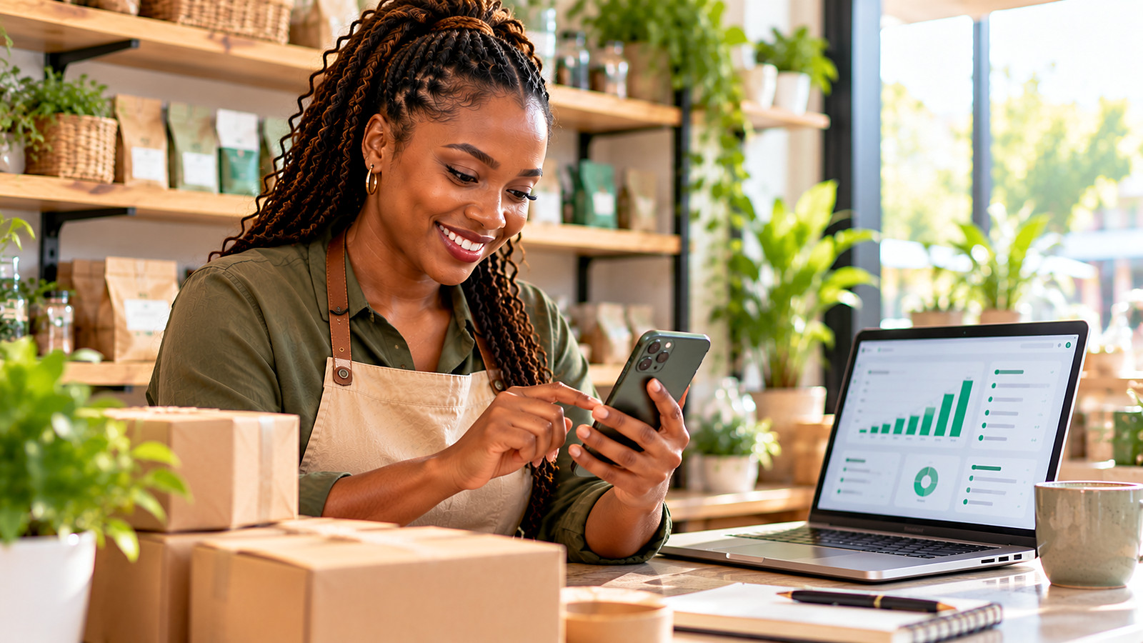 A small business owner checking her WhatsApp bulk messaging costs on her phone and laptop