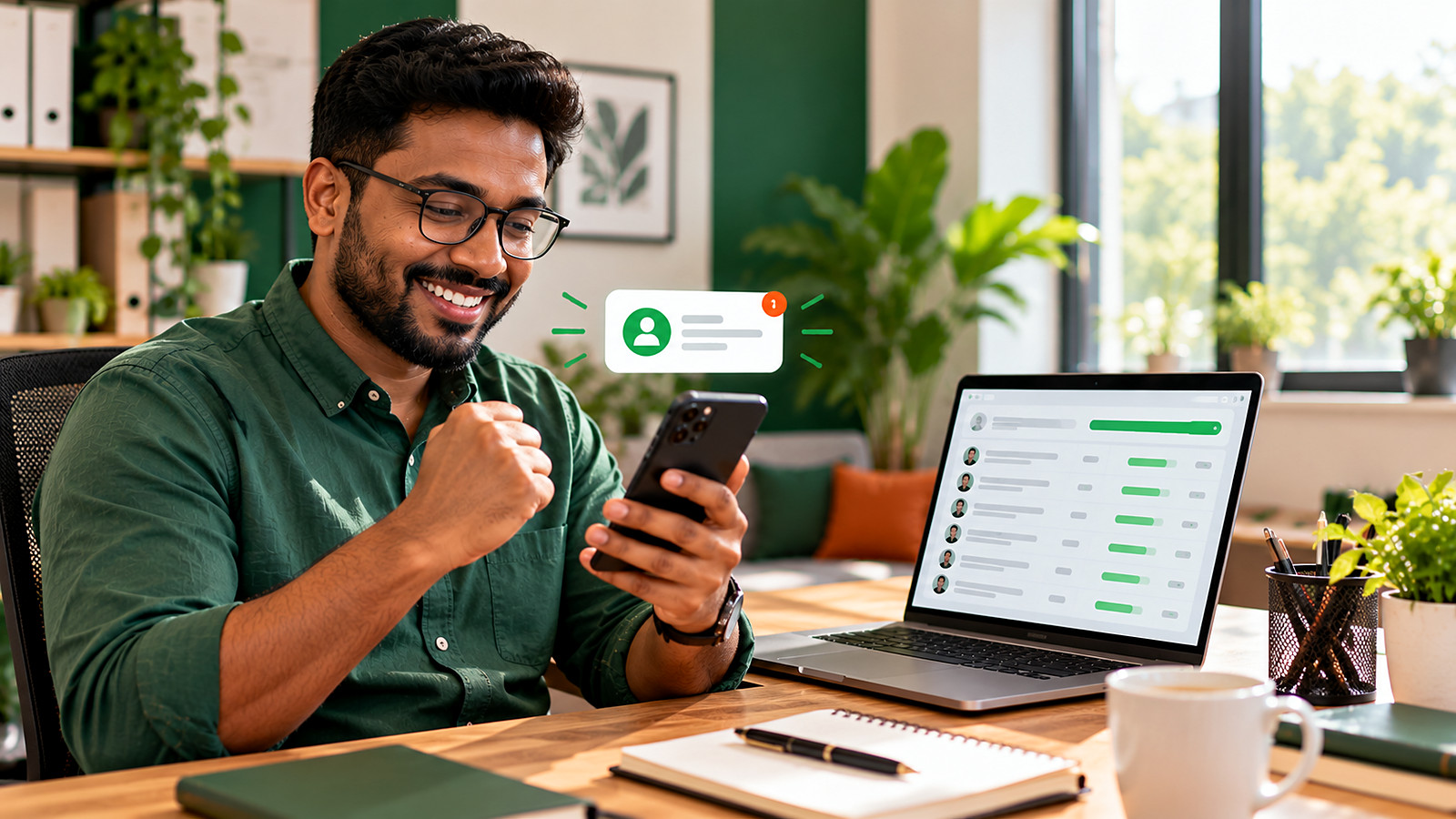 A small business owner celebrating a new lead alert on his phone, with a free CRM open on his laptop
