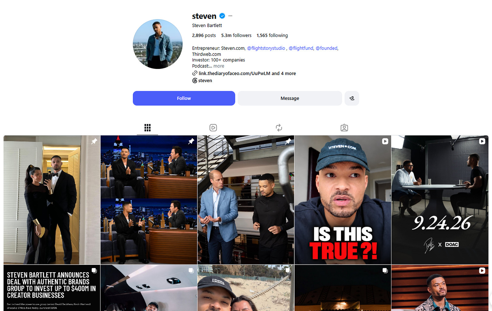 Steven Bartlett Instagram profile @steven with 5.3 million followers